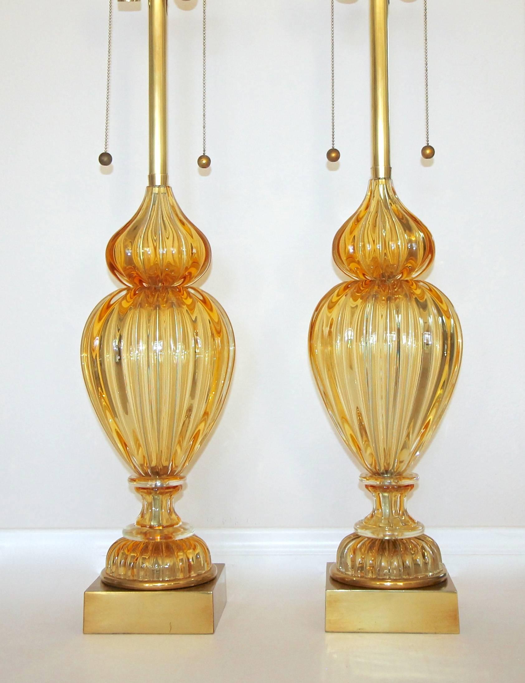 Italian Pair of Large Marbro Seguso Murano Golden Amber Table Lamps