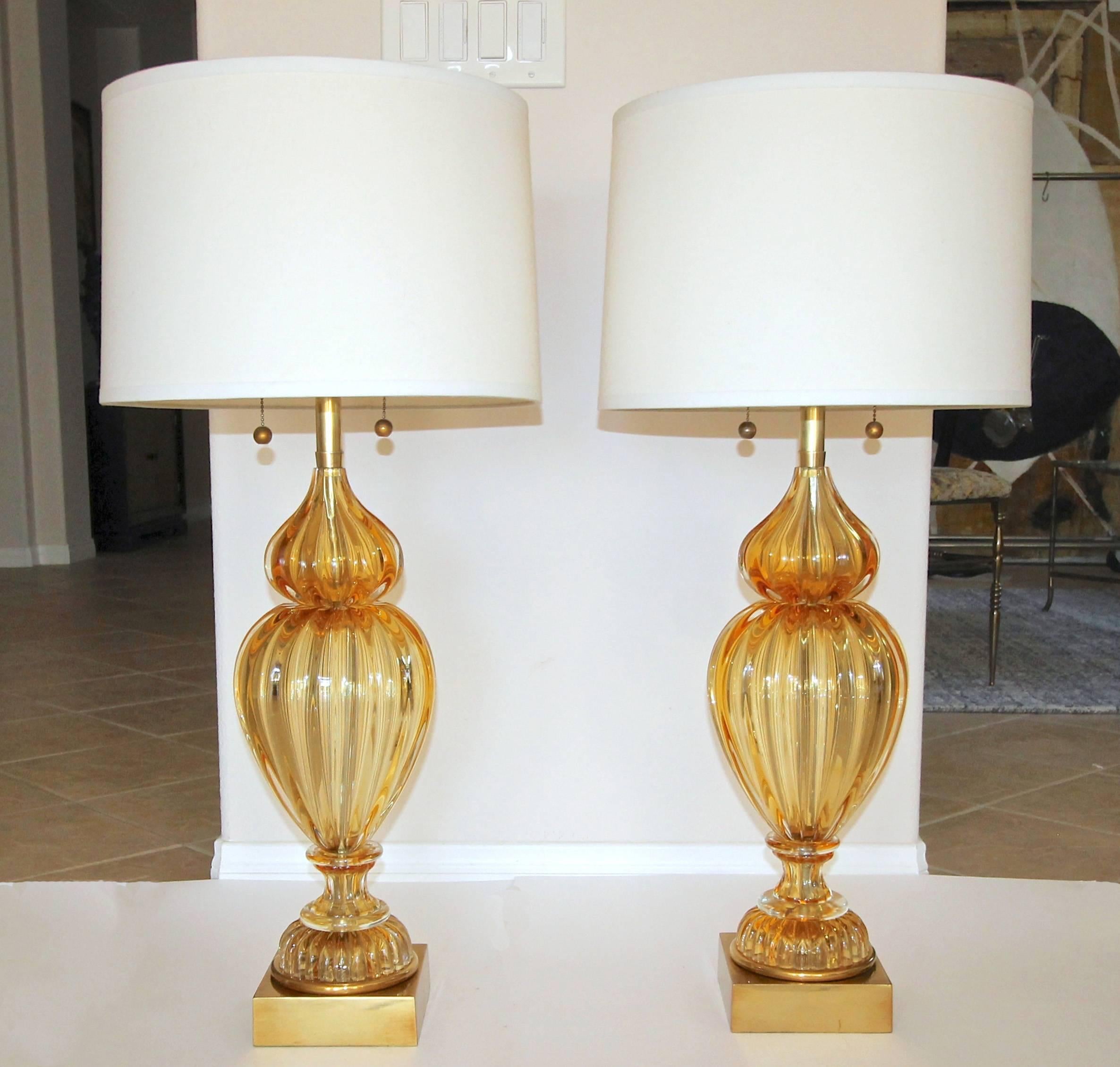 Pair of Large Marbro Seguso Murano Golden Amber Table Lamps 4