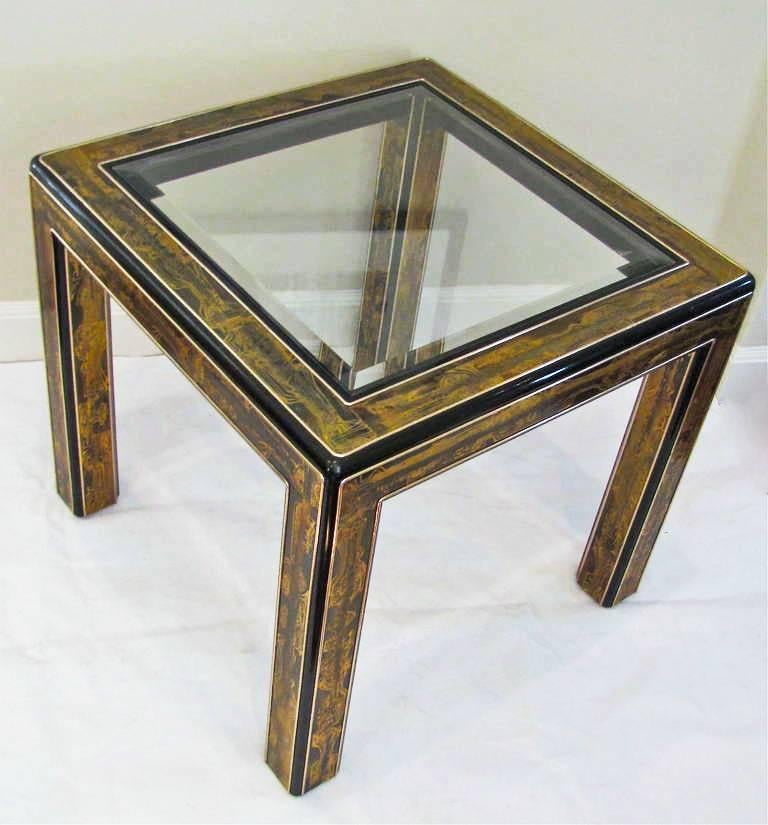 Rare and hard to find Mastercraft end or side table. Exquisite and detailed acid etched ornamentation by Bernard Rohne overlays black lacquered wood. A large scale piece. Newer inset beveled glass top.