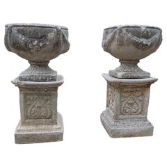 Pair of British Cast Stone Planters / Jardinieres on Plinths