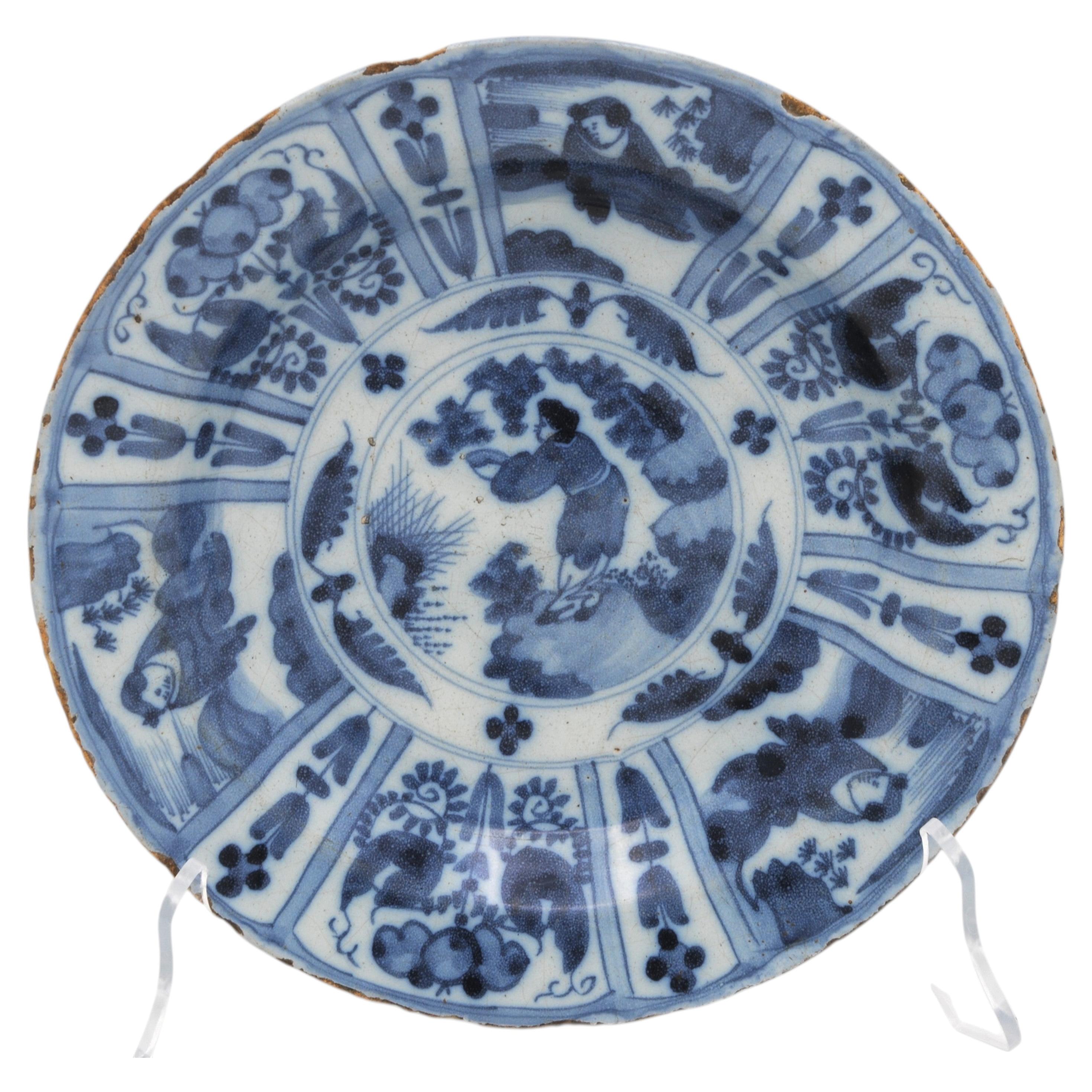 Antique 17th Century Delft Wanli Blue Delftware Plate, Kraak Style, ca 1690