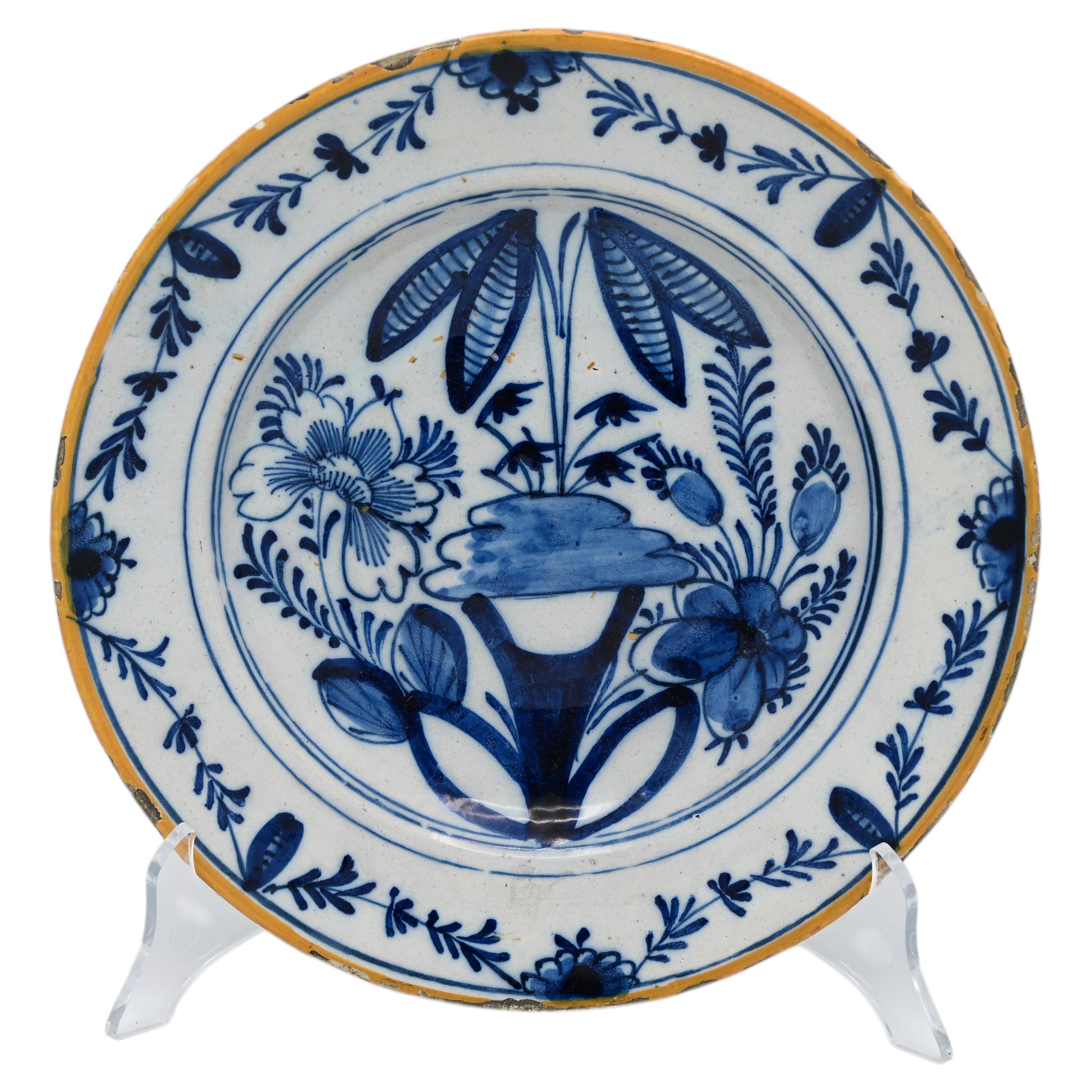 Antique Dutch Delft - Blue and White 'Chinoiserie' Floral Delft Plate, ca 1800.