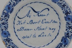Dutch Delft Blue and White ‘Talking Plate’ with Inscriptions on Both Sides, 18th