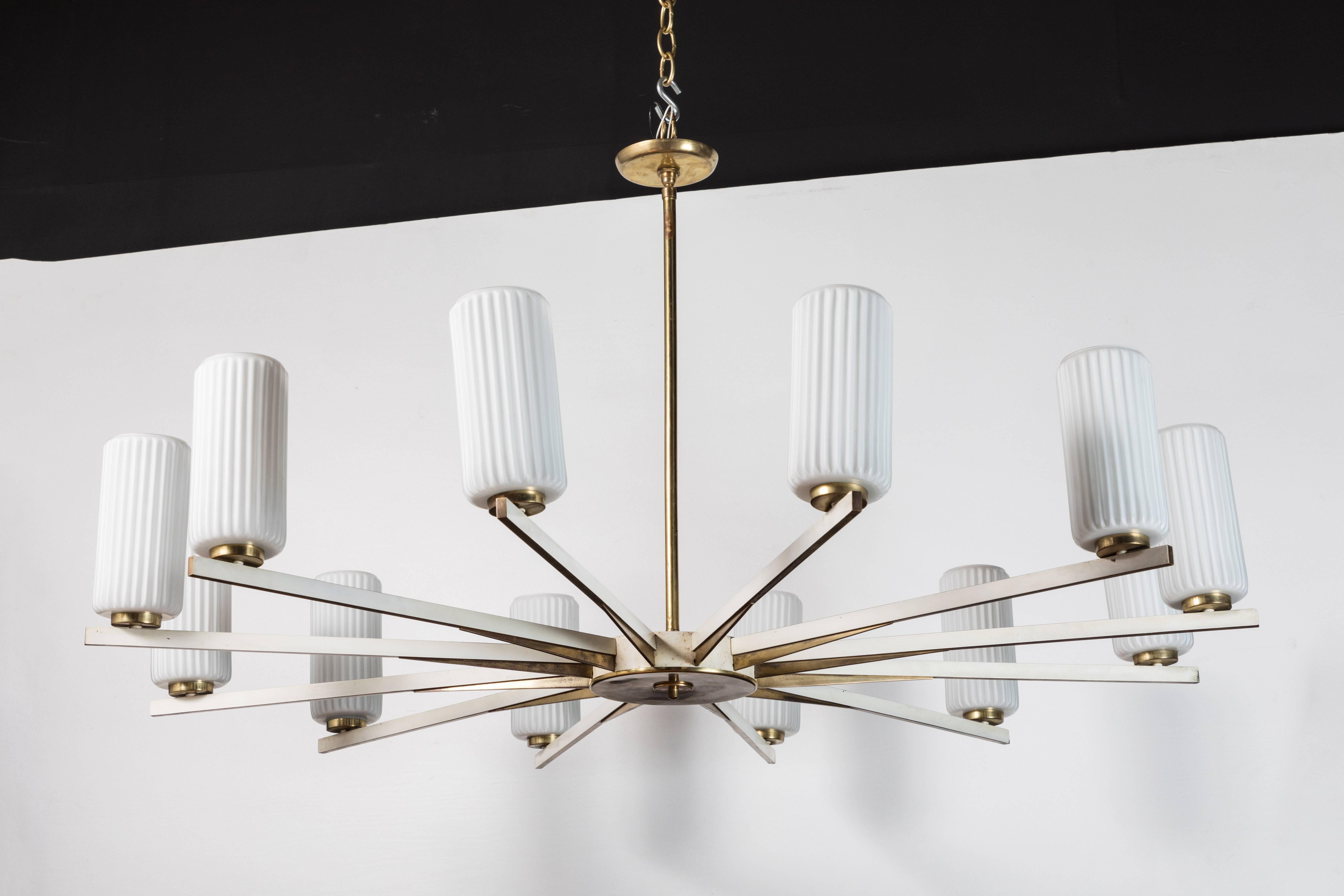 Twelve-light fixture attributed to Stilnovo. Original wear consistent with age.