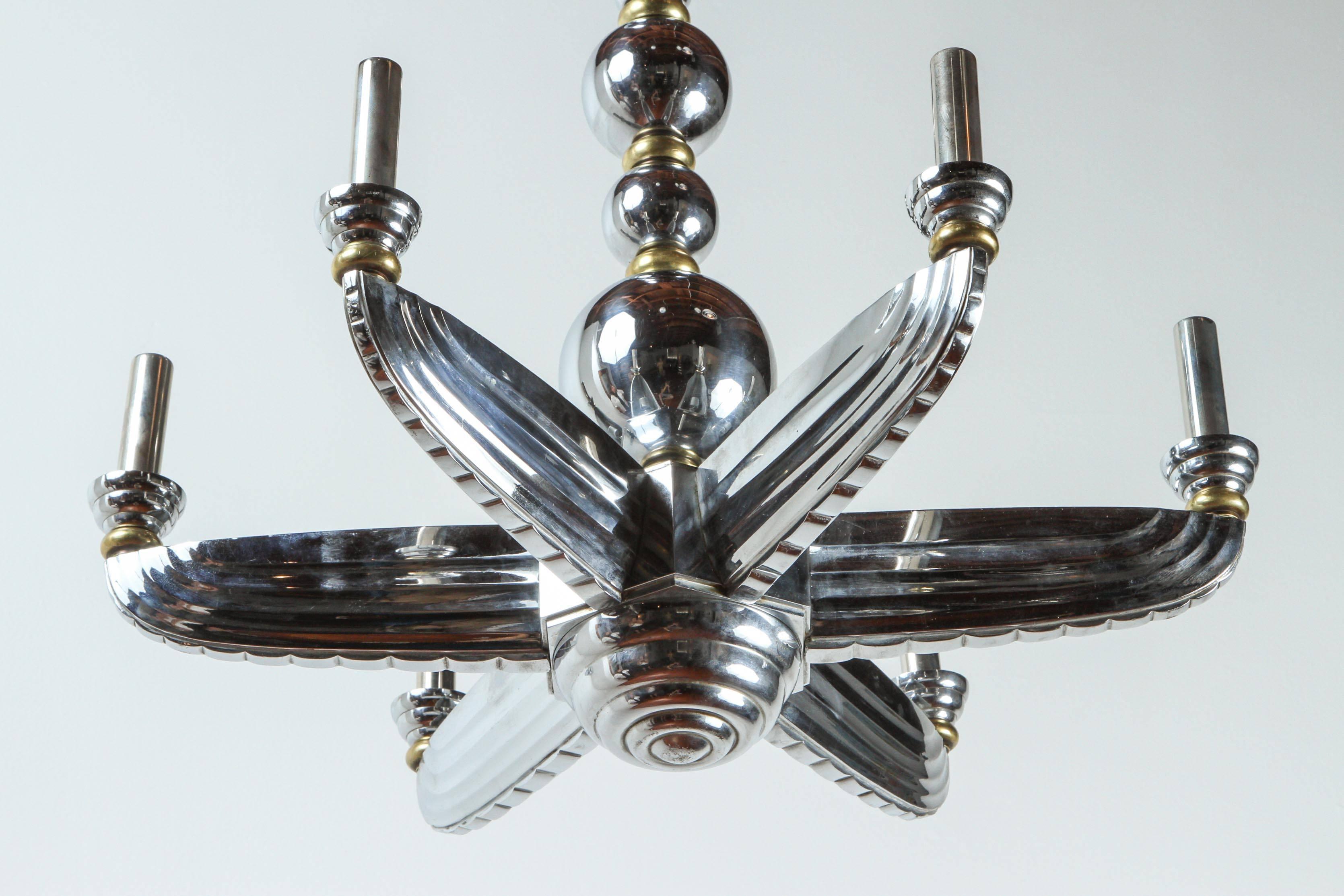 French Brass and Chrome Art Deco Chandelier In Good Condition For Sale In Los Angeles, CA
