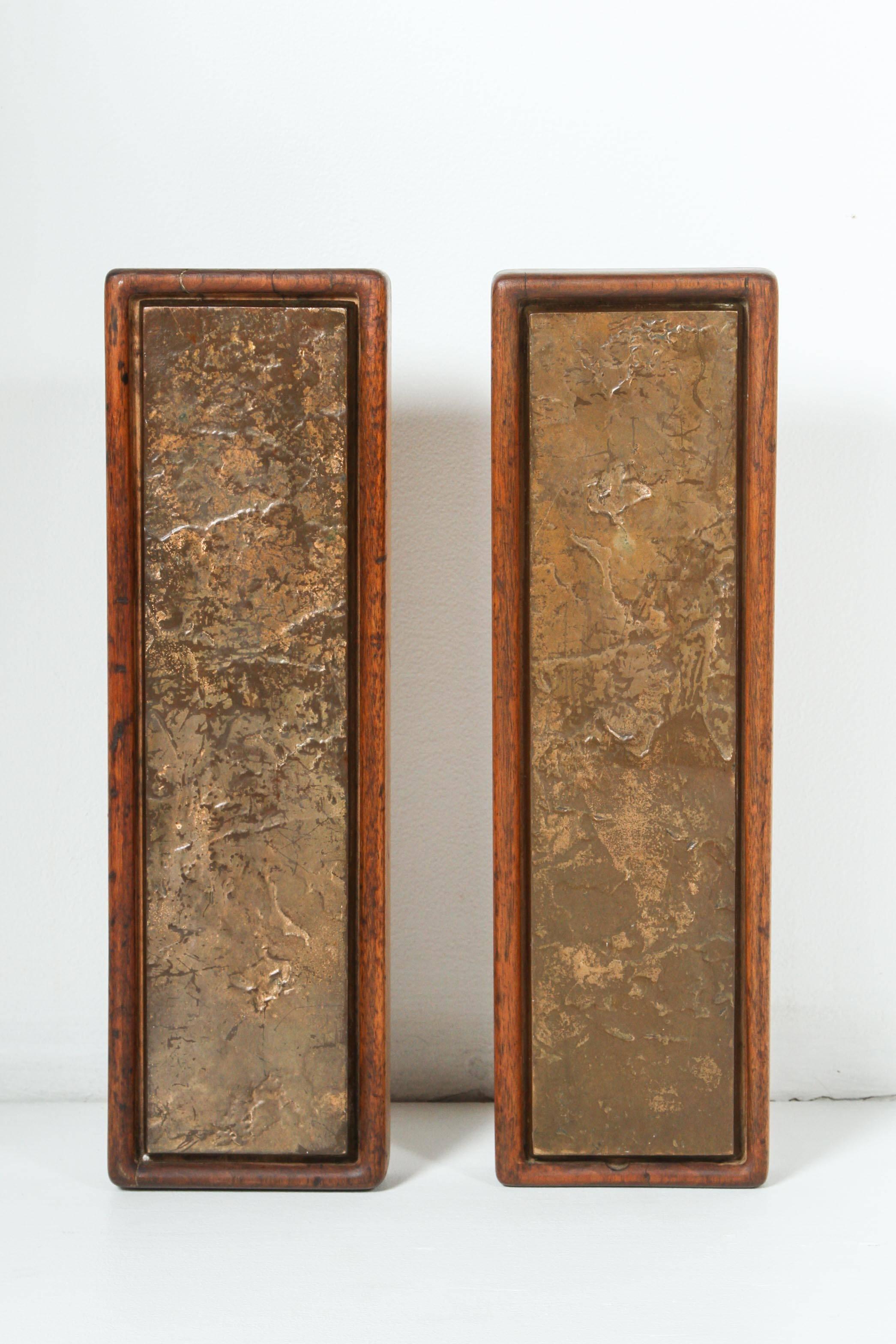 Mid-20th Century Set of Textured Bronze and Walnut Door Handles