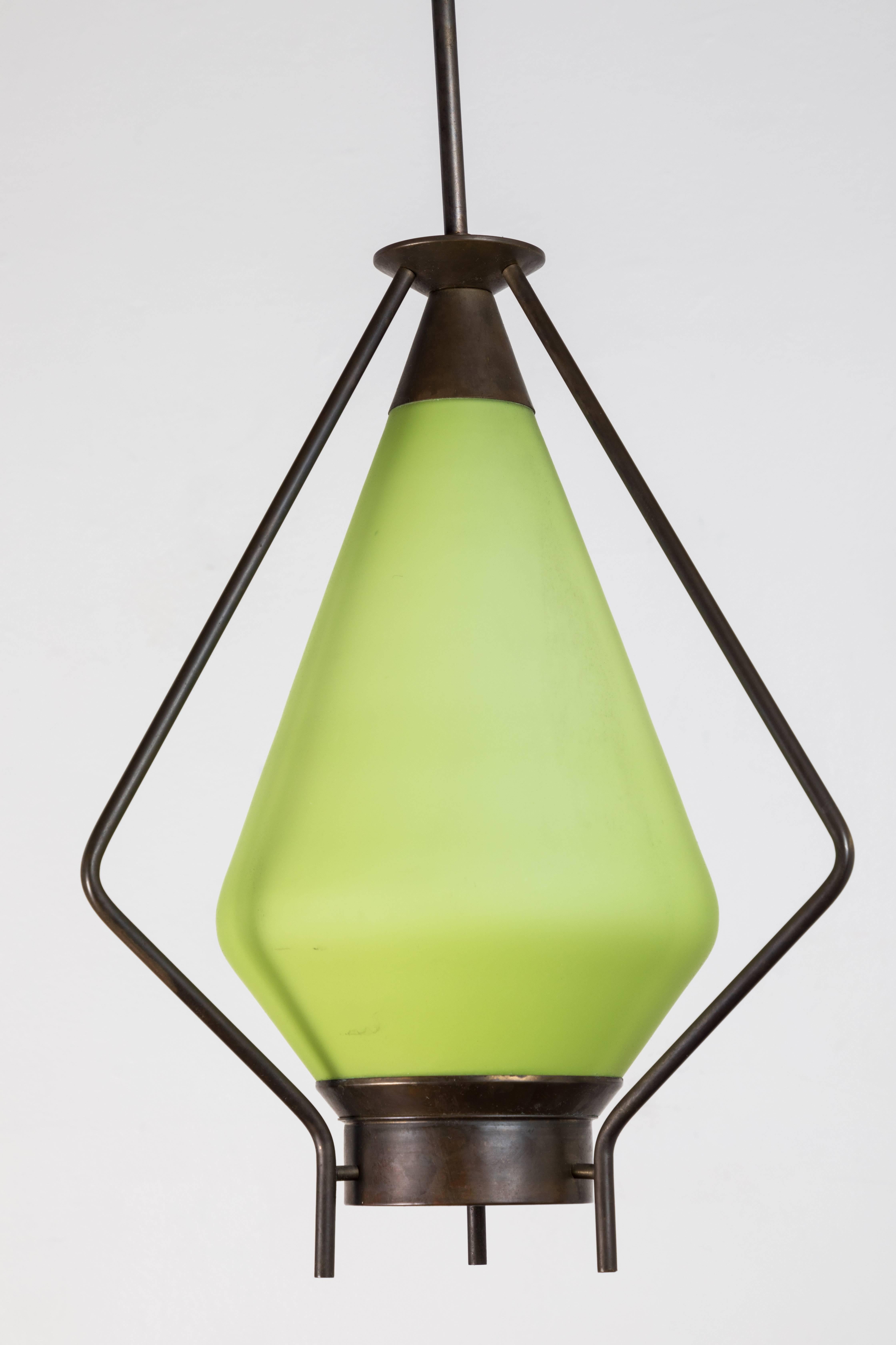 Midcentury green glass and brass pendant.