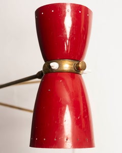 Attributed to Robert Mathieu Adjustable Red and Brass Wall Lamp, France, 1950s
