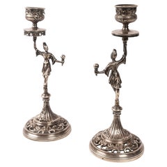 Pair of European Figural Silver-Plated Candlesticks, Early 20th Century