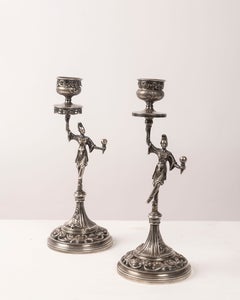 Pair of European Figural Silver-Plated Candlesticks, Early 20th Century