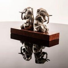 Pair of French Art Deco Elephant Bookends on Rouge Royal Marble, circa 1930