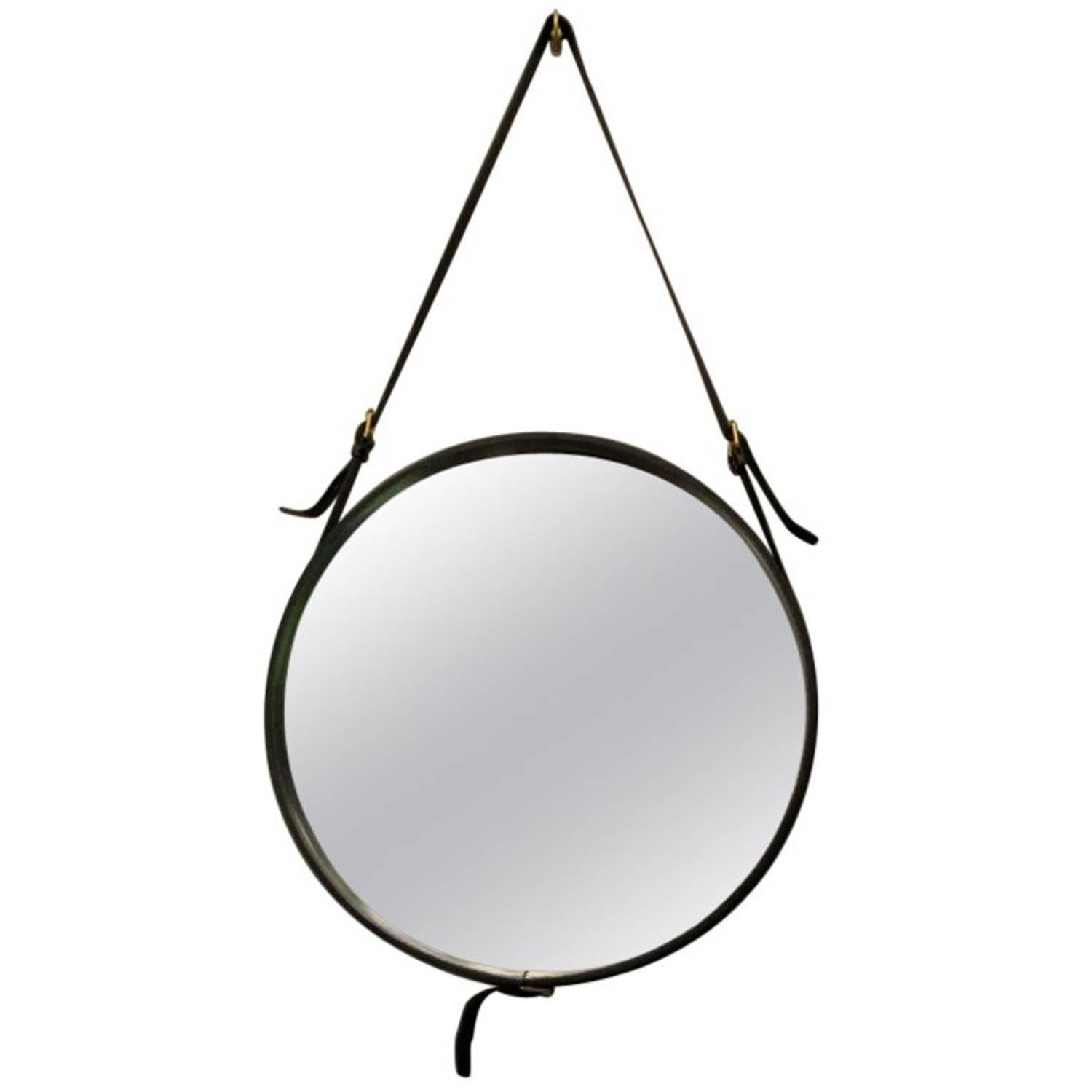 Round Mirror in Black Leather by Jacques Adnet, France, 1950