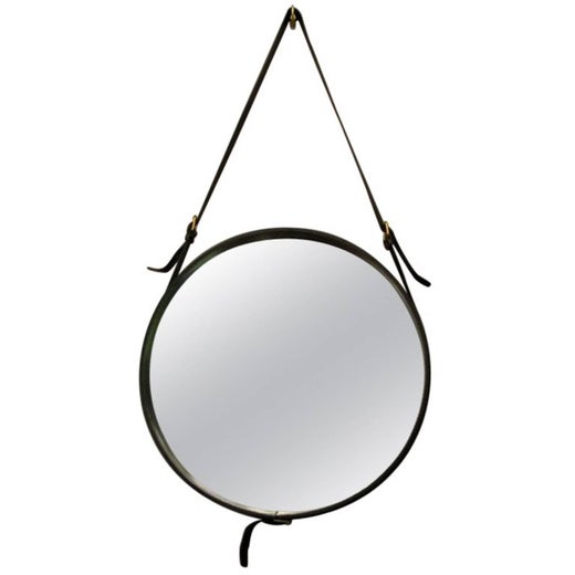 Round Mirror In Black Leather By Jacques Adnet France 1950 At Black Leather By Jacques Adnet France