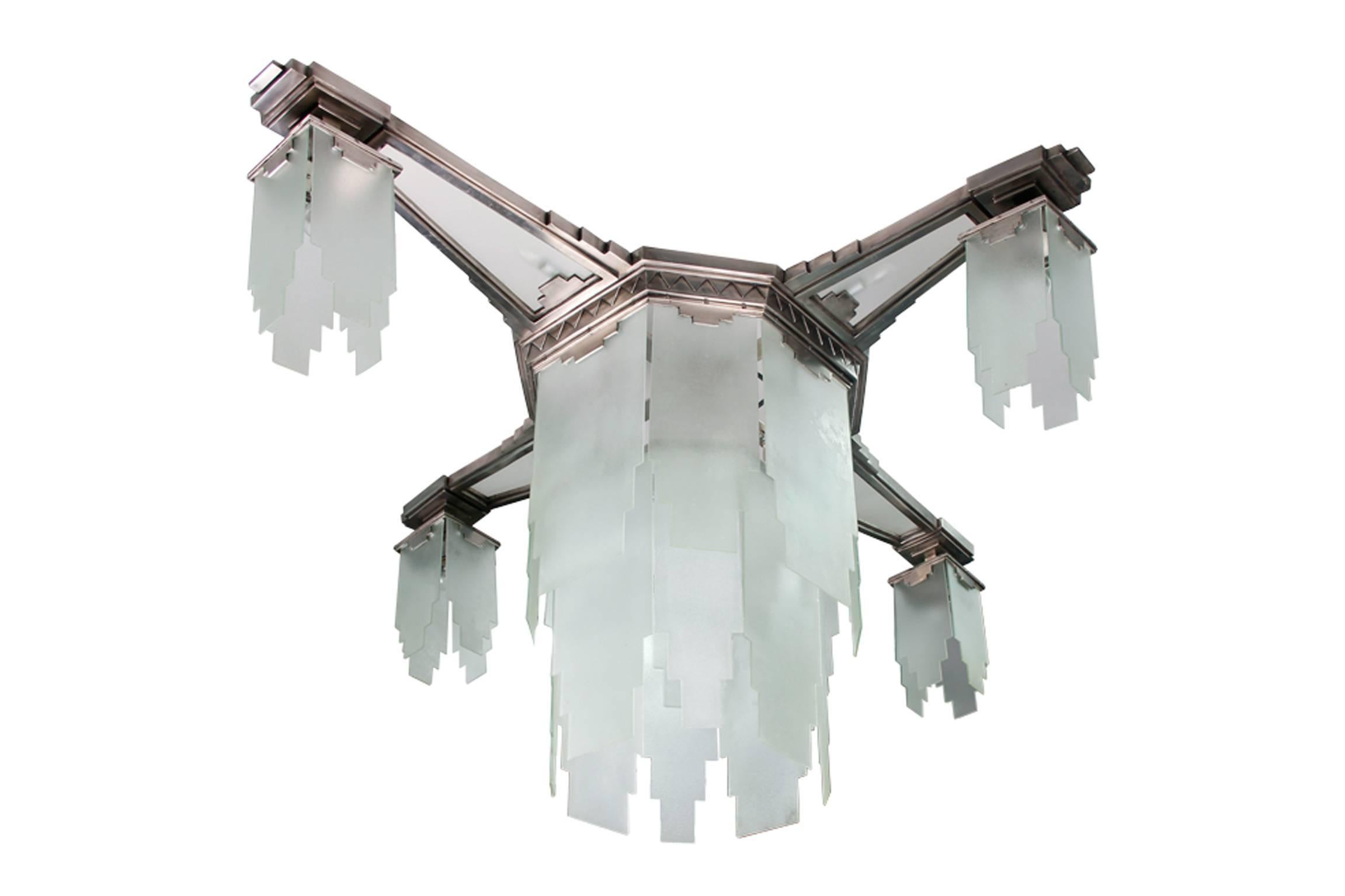 Rare pair of large chandeliers or ceiling lights in silvered bronze and sanded glass, Art Deco period.