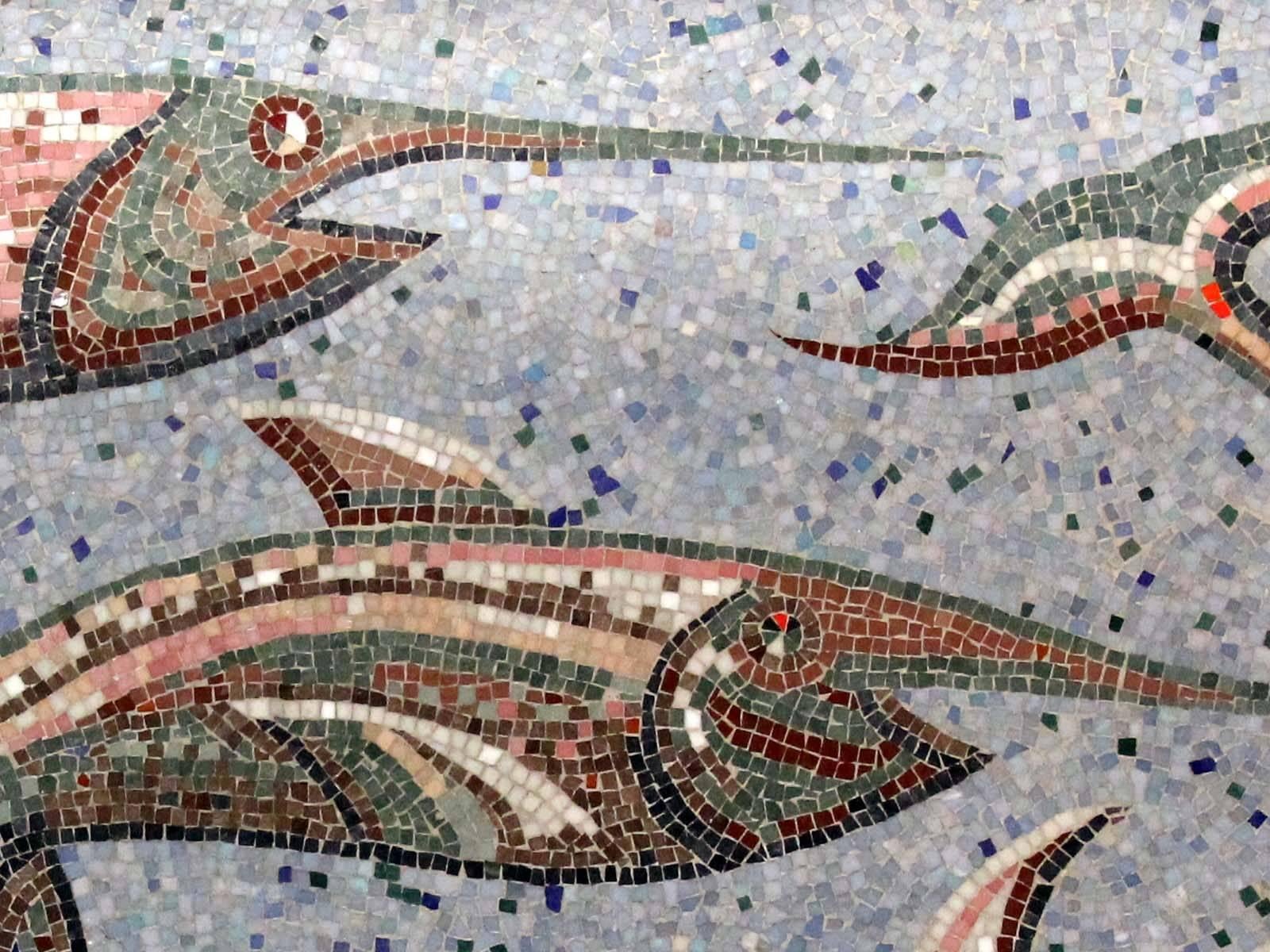 Glass mosaic panel depicting a swordfish's ballet, France, circa 1950.