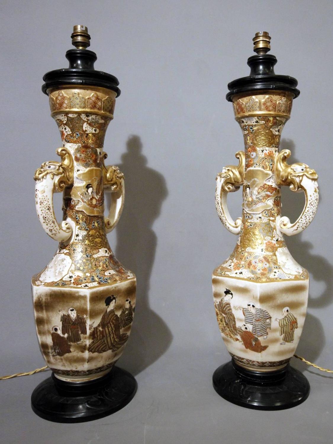 Rare Pair of Satsuma Table Lamps, Japan End of the 19th Century For
