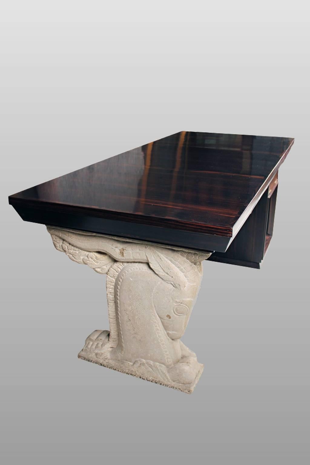 French Art Deco Desk in Macassar and Stone Sculpture by Pierre Fournier des Corats