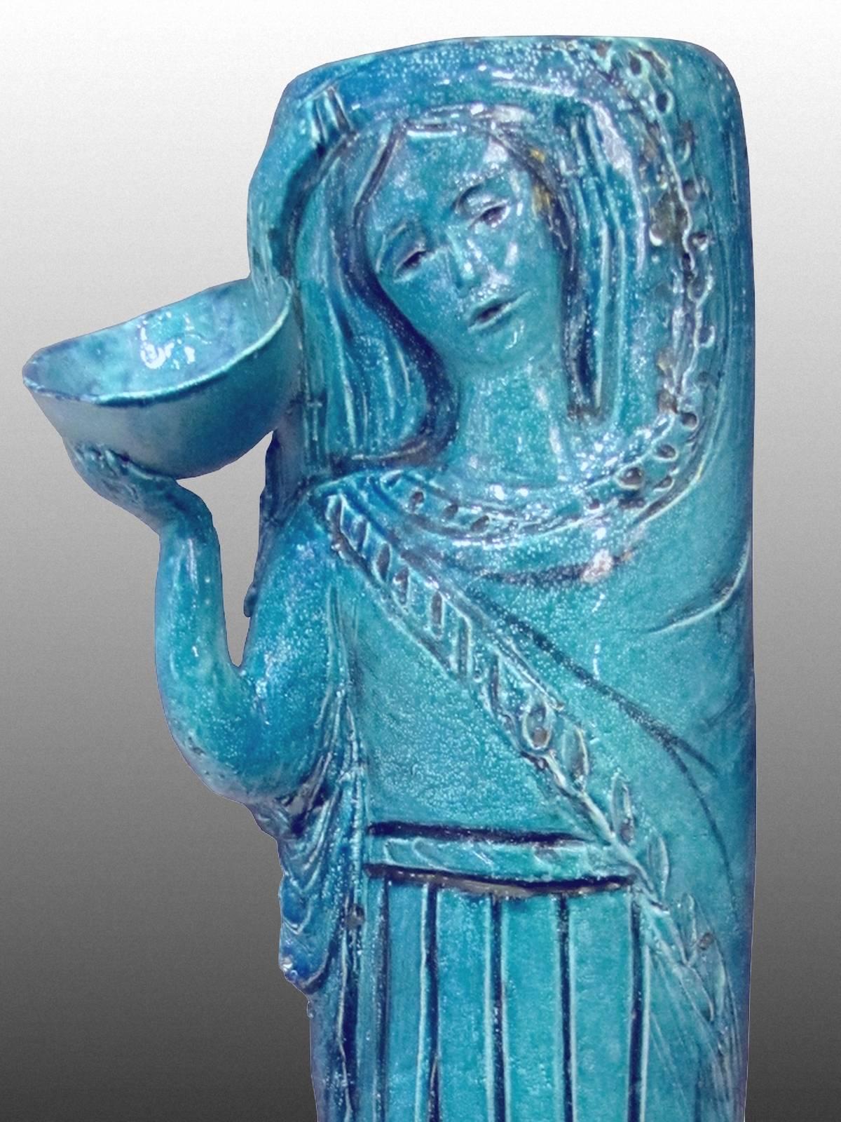 Poterie Vase-Sculpture en faïence émaillée bleue d'Angelo Ungania, vers 1940 en vente