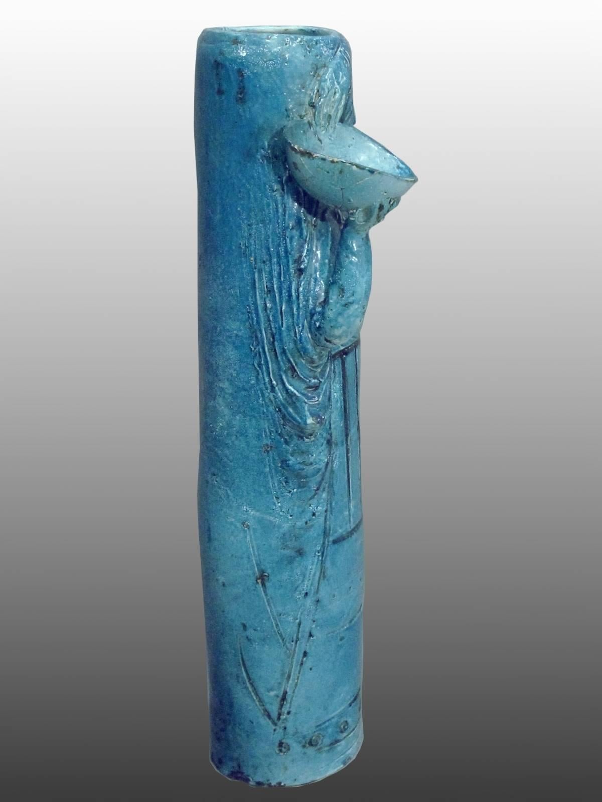 Vase-Sculpture in Blue Glazed Earthenware by Angelo Ungania, circa 1940 In Excellent Condition For Sale In Paris, FR