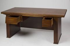 1940s Desk in Oak and Brass with an Ancient Map of Paris and Suburb in Front