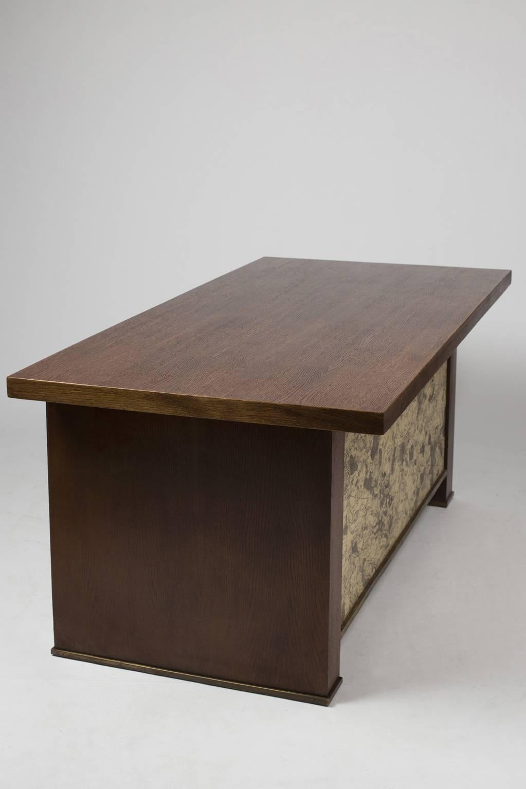 Varnished 1940s Desk in Oak and Brass with an Ancient Map of Paris and Suburb in Front