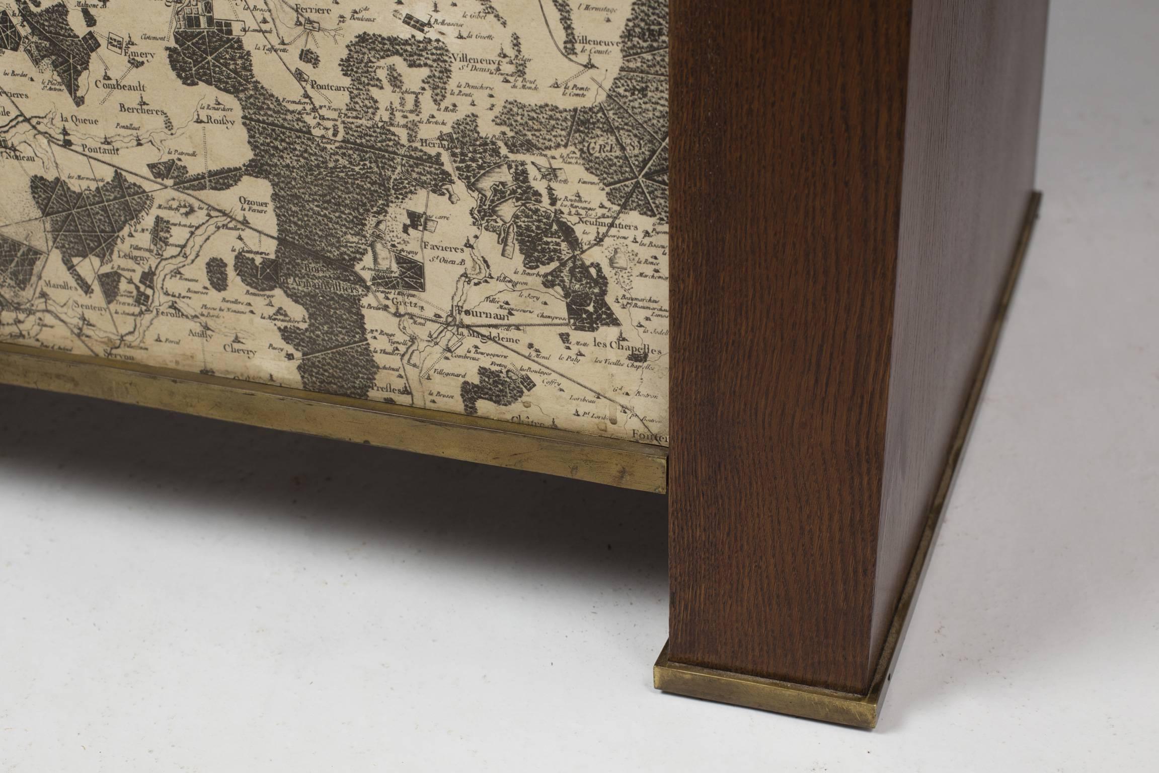 1940s Desk in Oak and Brass with an Ancient Map of Paris and Suburb in Front 1