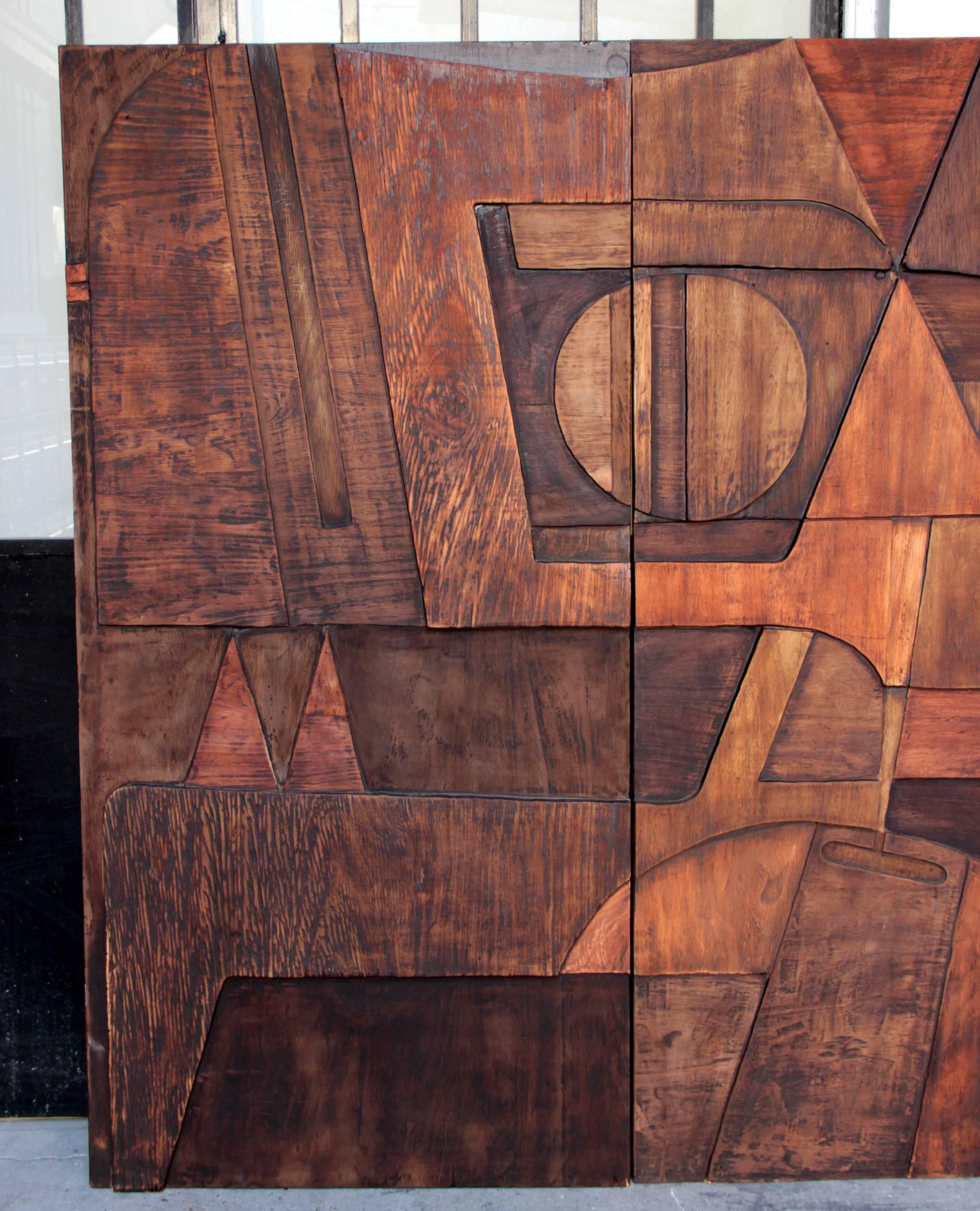 Rare wooden wall panel into six parts. wood reliefs. Signed 