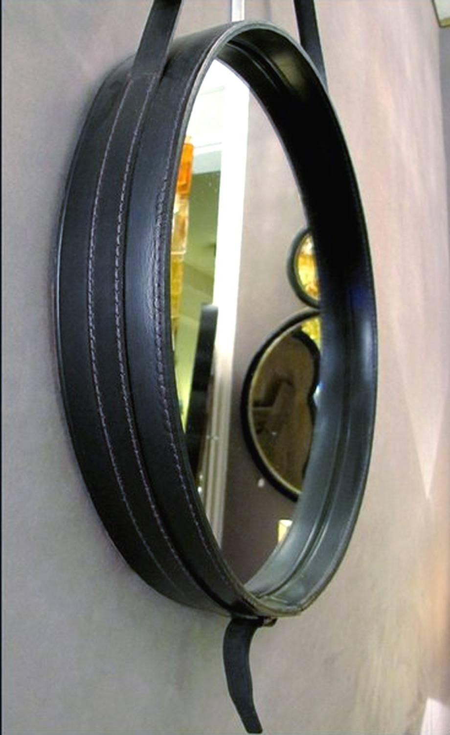 Mid-20th Century Round Mirror in Black Leather by Jacques Adnet, France, 1950