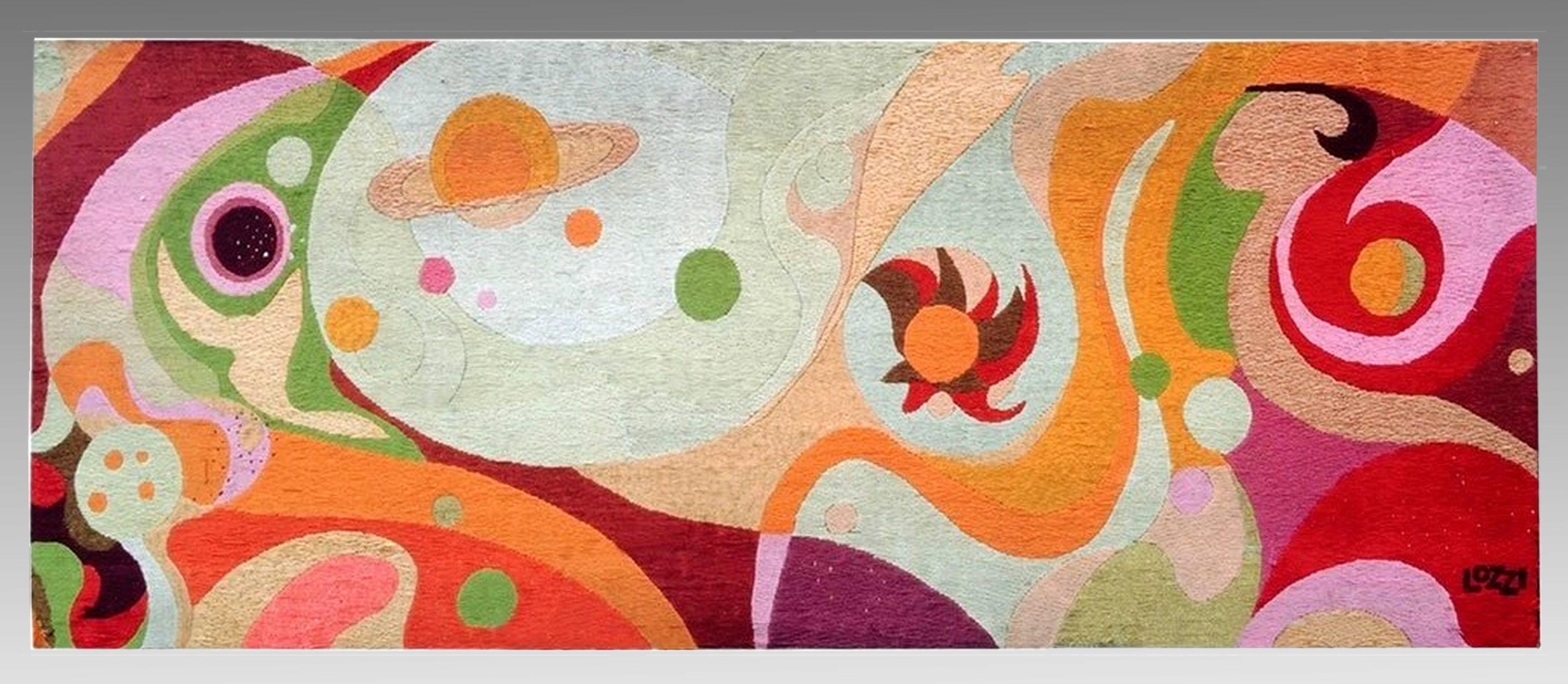 Two large tapestries of the 1970s period, representing constellations and signed Lozzi, stretched on a wooden frame. 
They were created to adorn the dining room of the Aquarius liner, built in 1972 on the Piraeus shipyard.

The Aquarius ship was