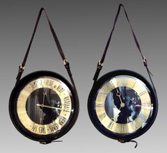 Runde Uhr und Barometer aus schwarzem Leder von Jacques Adnet, Frankreich, 1950