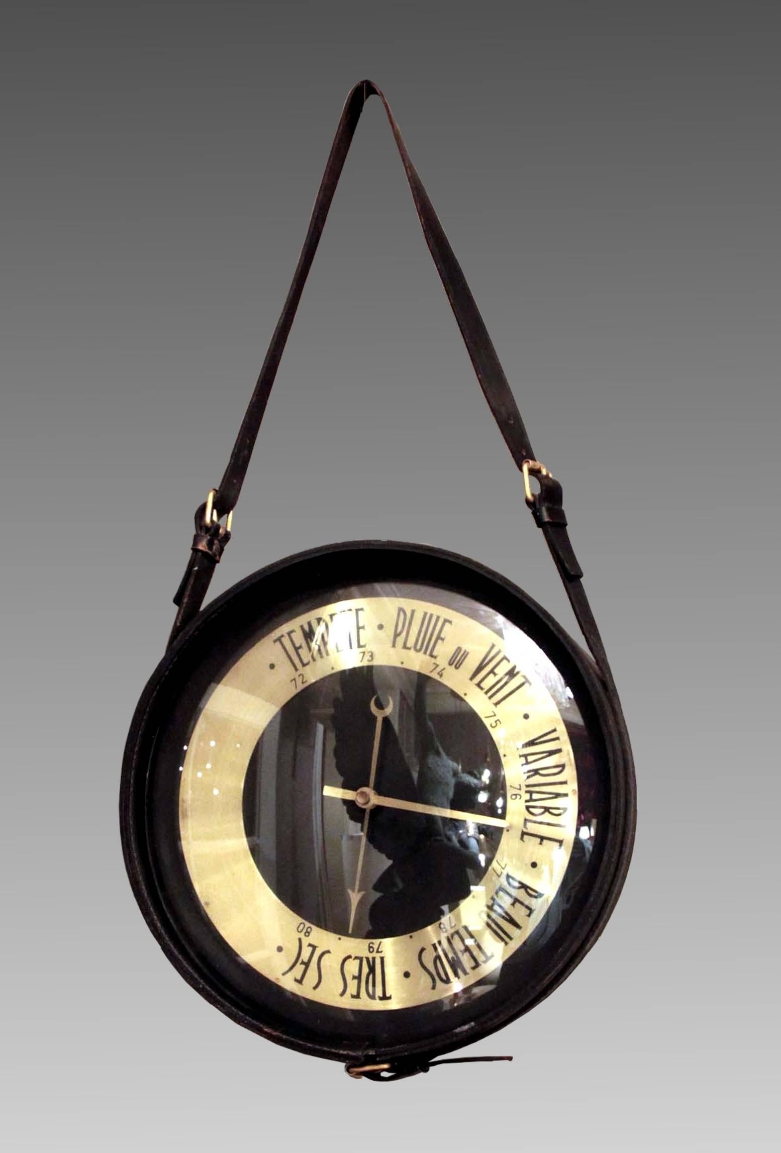 French Round Clock and Barometer in Black Leather by Jacques Adnet, France, 1950 For Sale