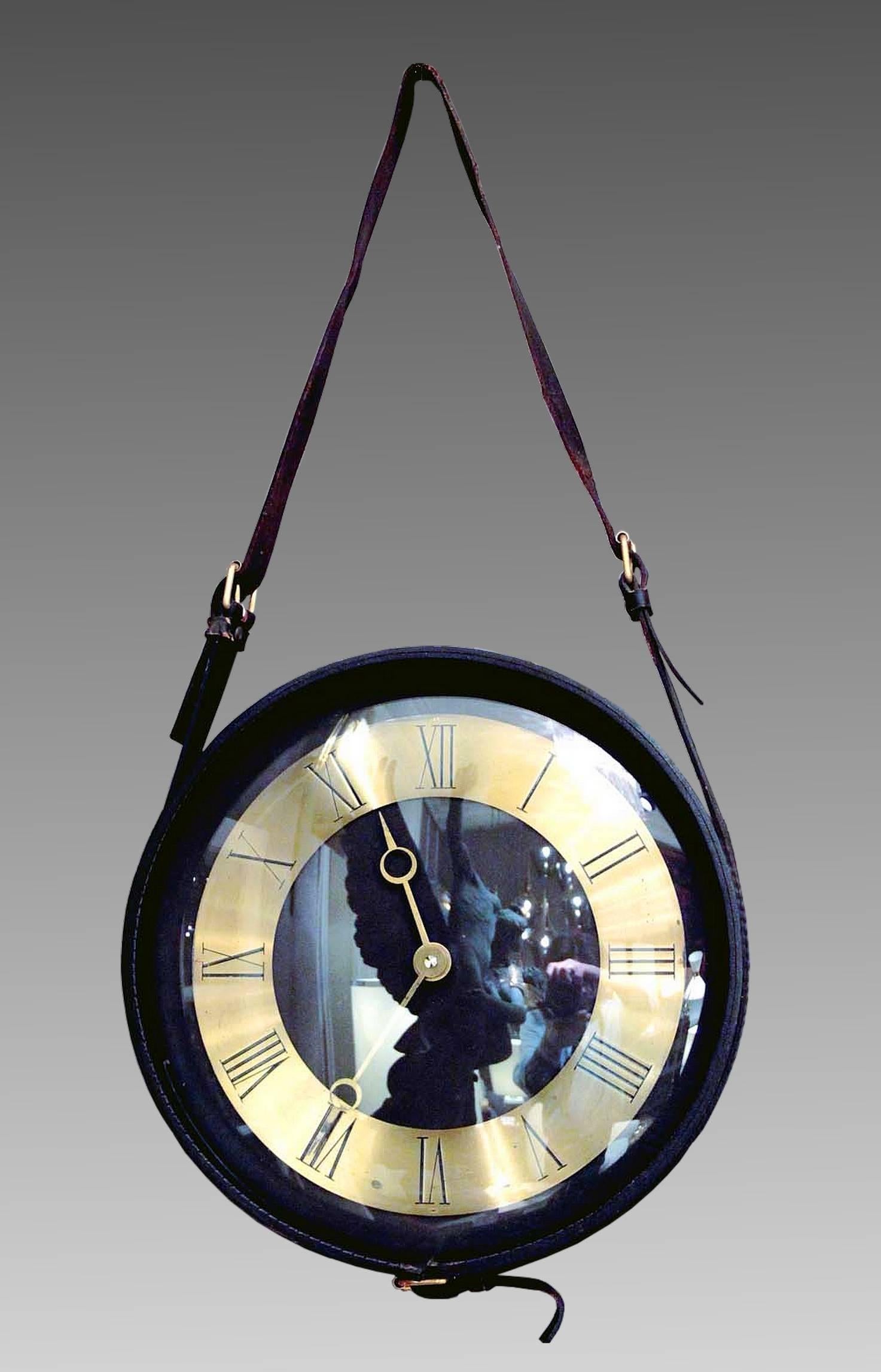 Round Clock and Barometer in Black Leather by Jacques Adnet, France, 1950 In Excellent Condition For Sale In Paris, FR