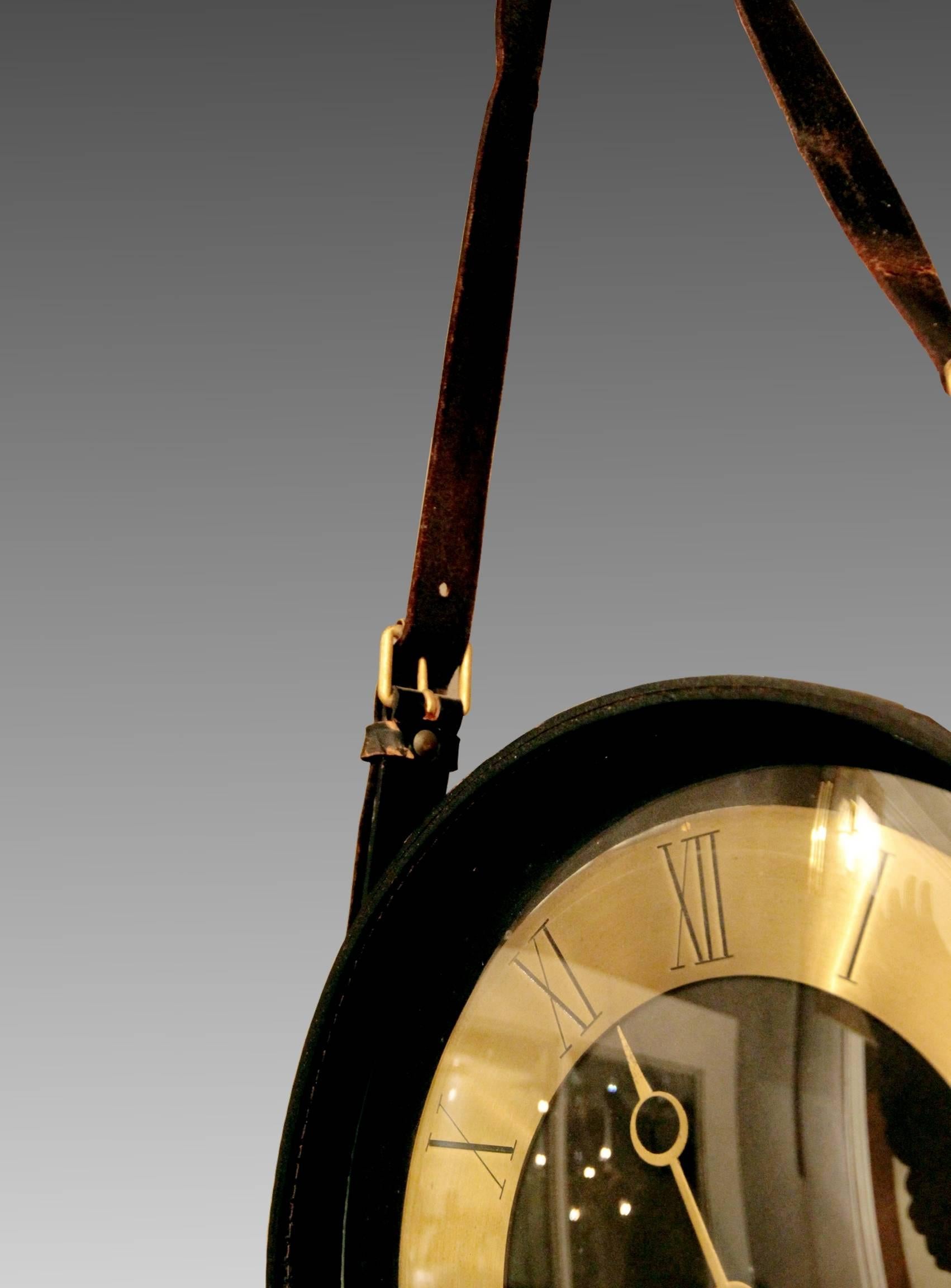 Mid-20th Century Round Clock and Barometer in Black Leather by Jacques Adnet, France, 1950 For Sale