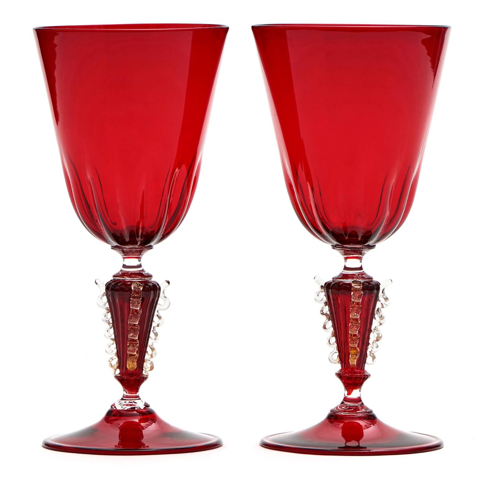 Set of 12 Hand-Blown Venetian Ruby Water Goblets