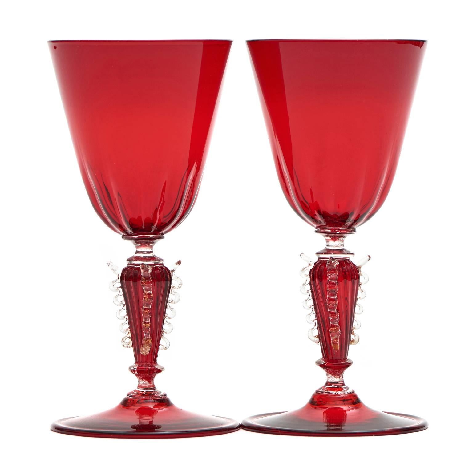 12 Venetian Wine Glasses in Ruby For Sale