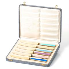 Set of Six Colorful Vermeil and Enamel Hors d'oeuvres Knives
