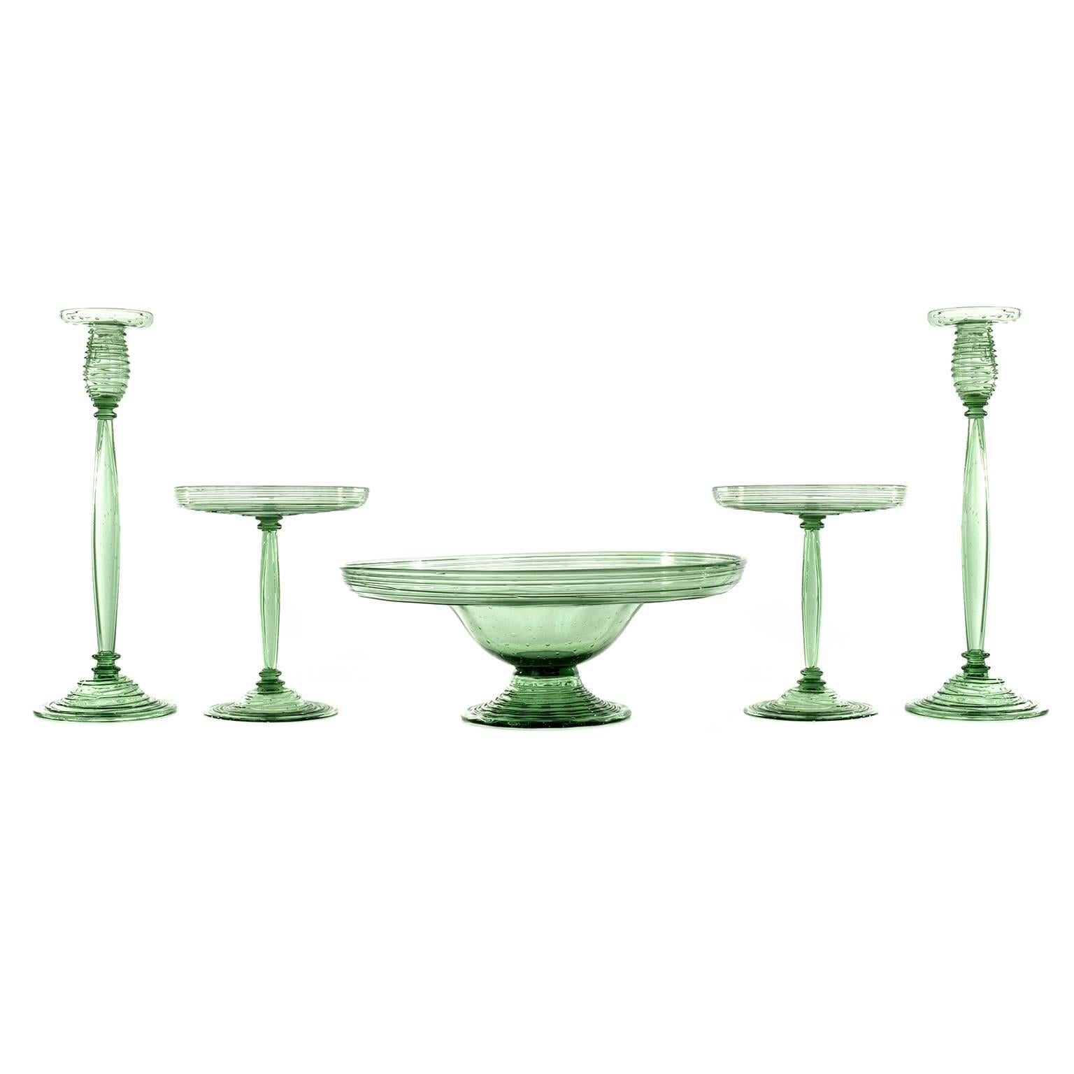 Art Deco Steuben Pomona Green 5 Piece Garniture Set Circa 1920s