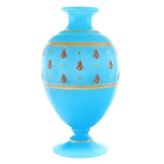 Antique Baccarat Blue Opaline Vase with Golden Bees