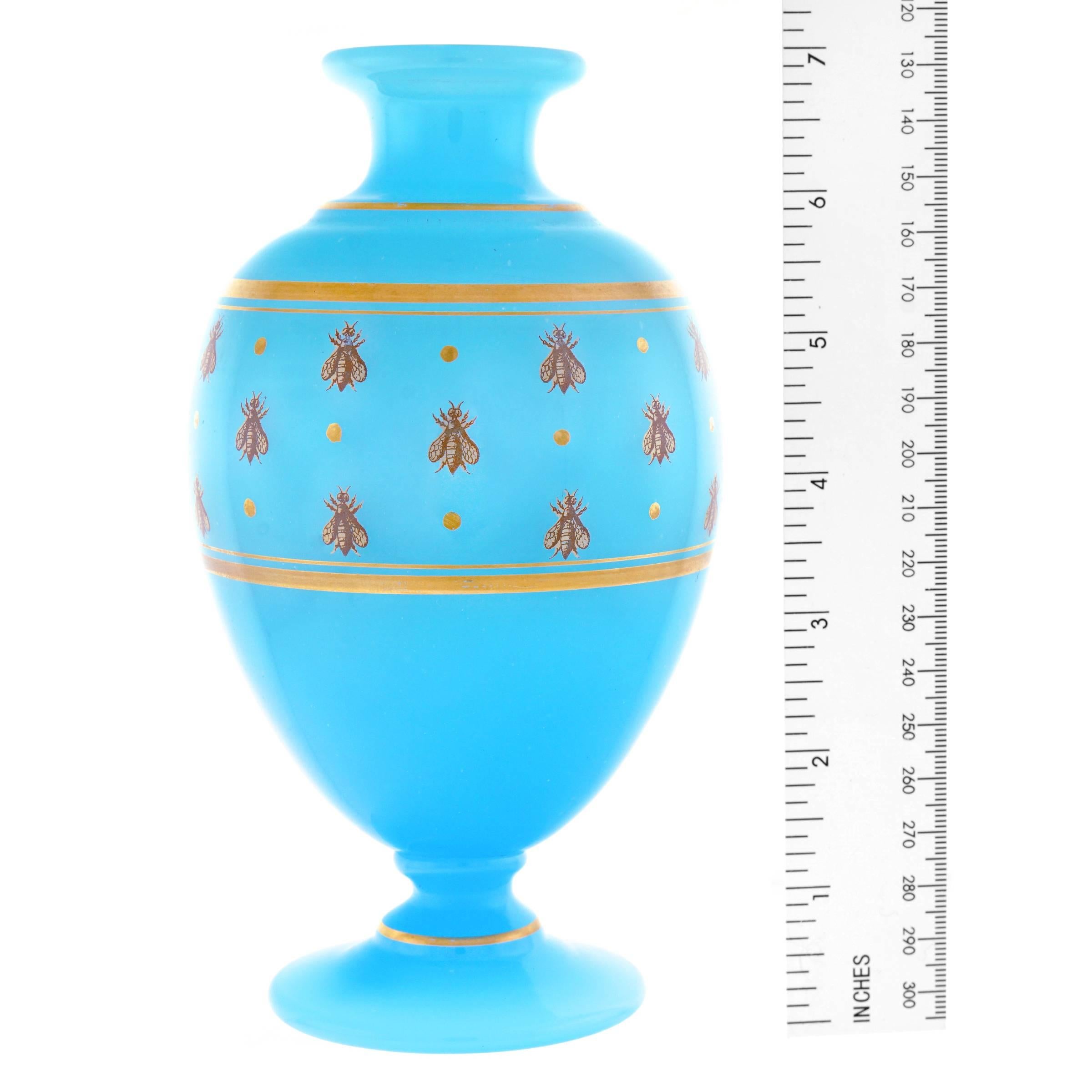 Antique Baccarat Blue Opaline Vase with Golden Bees In Excellent Condition In Litchfield, CT