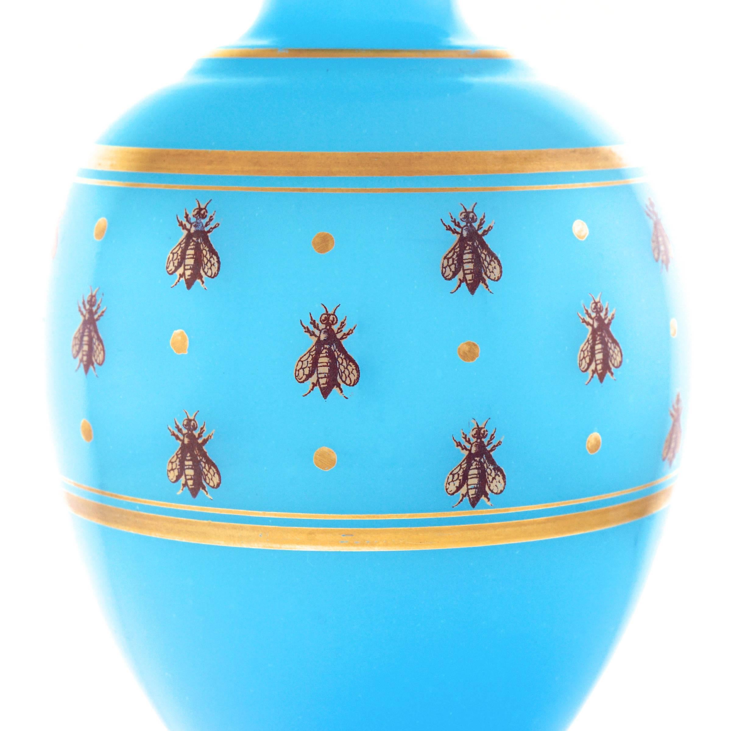 Napoleon III Antique Baccarat Blue Opaline Vase with Golden Bees