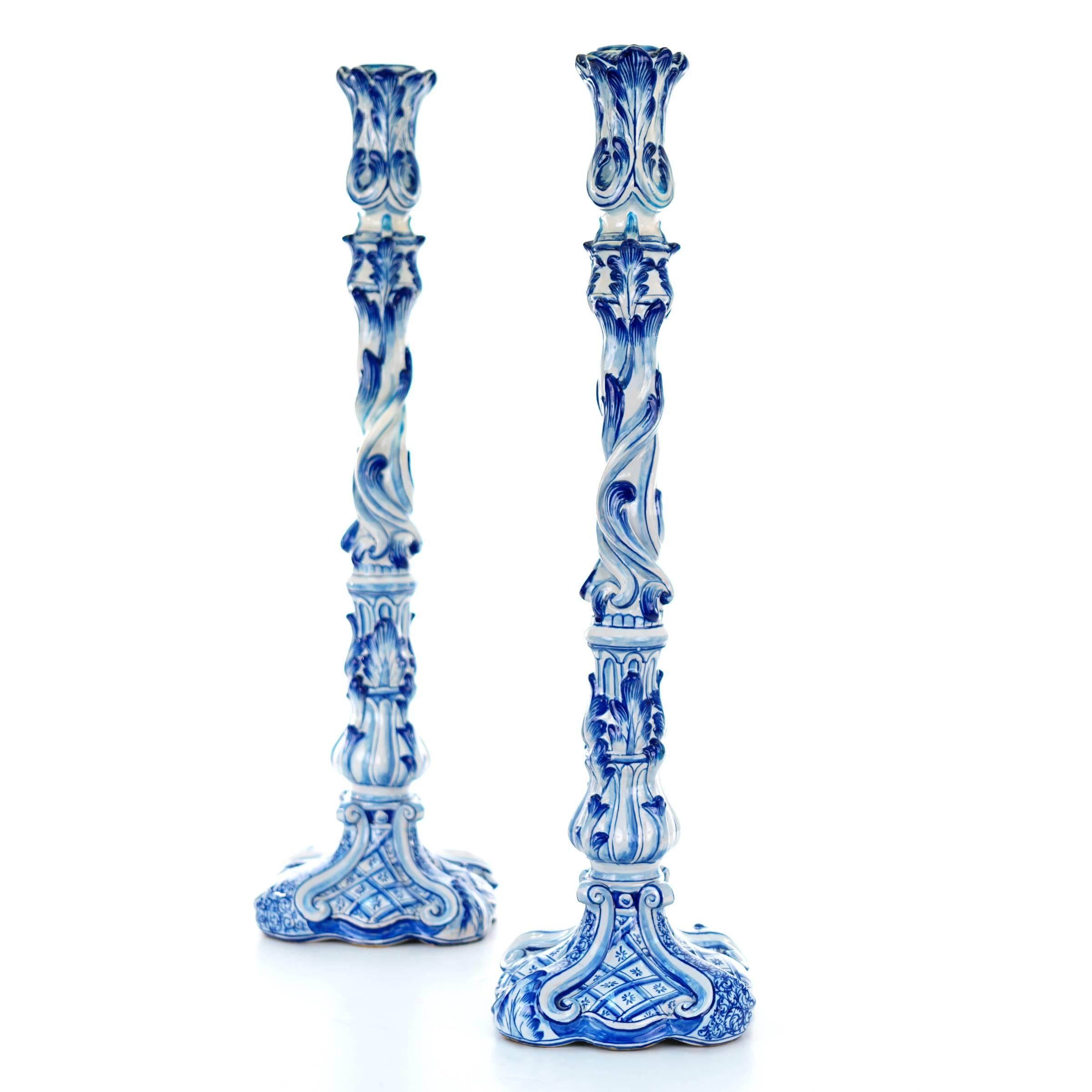 French Spectacular 28 inch Tall Pair of Blue Faience Candlesticks c1913 France