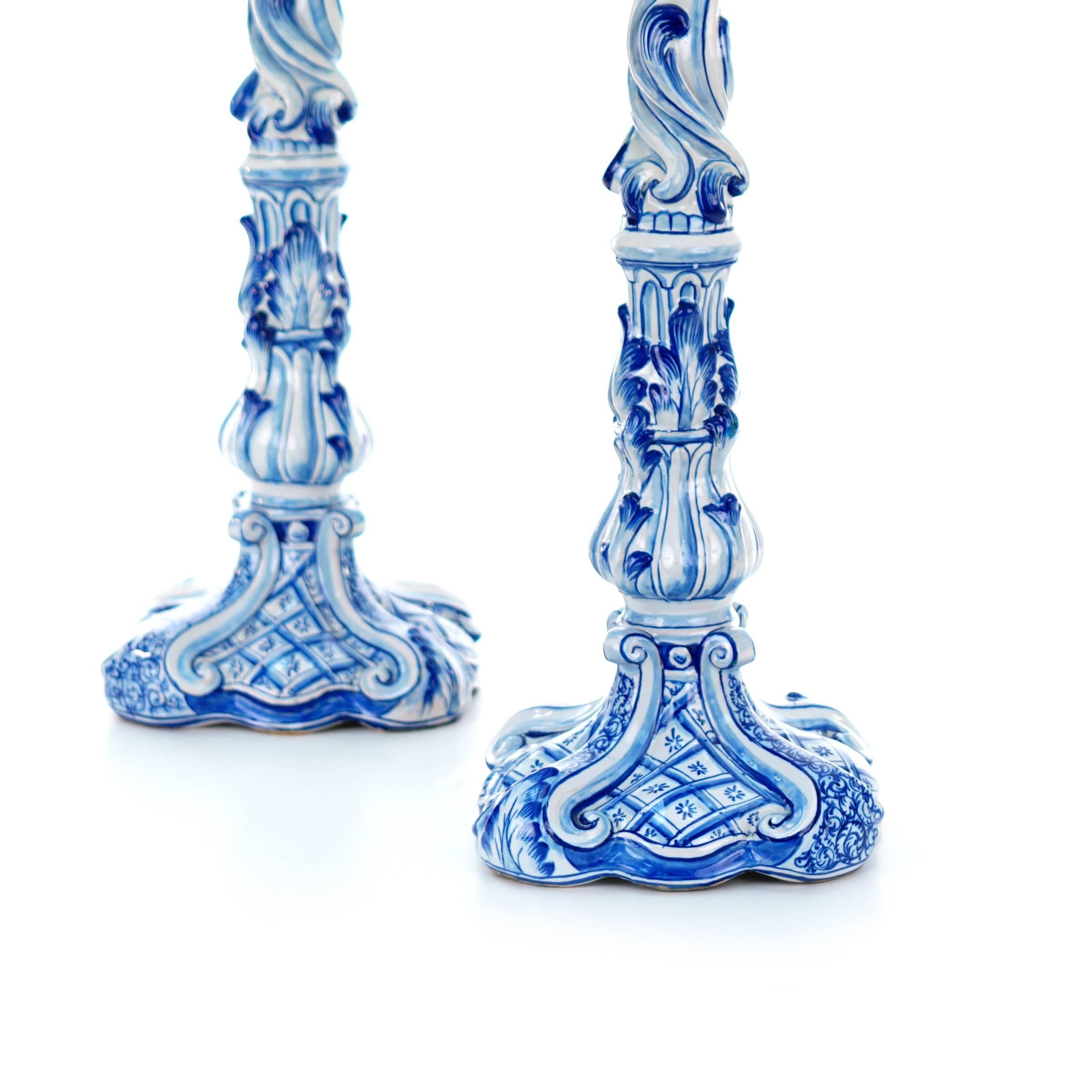 Spectacular 28 inch Tall Pair of Blue Faience Candlesticks c1913 France 2
