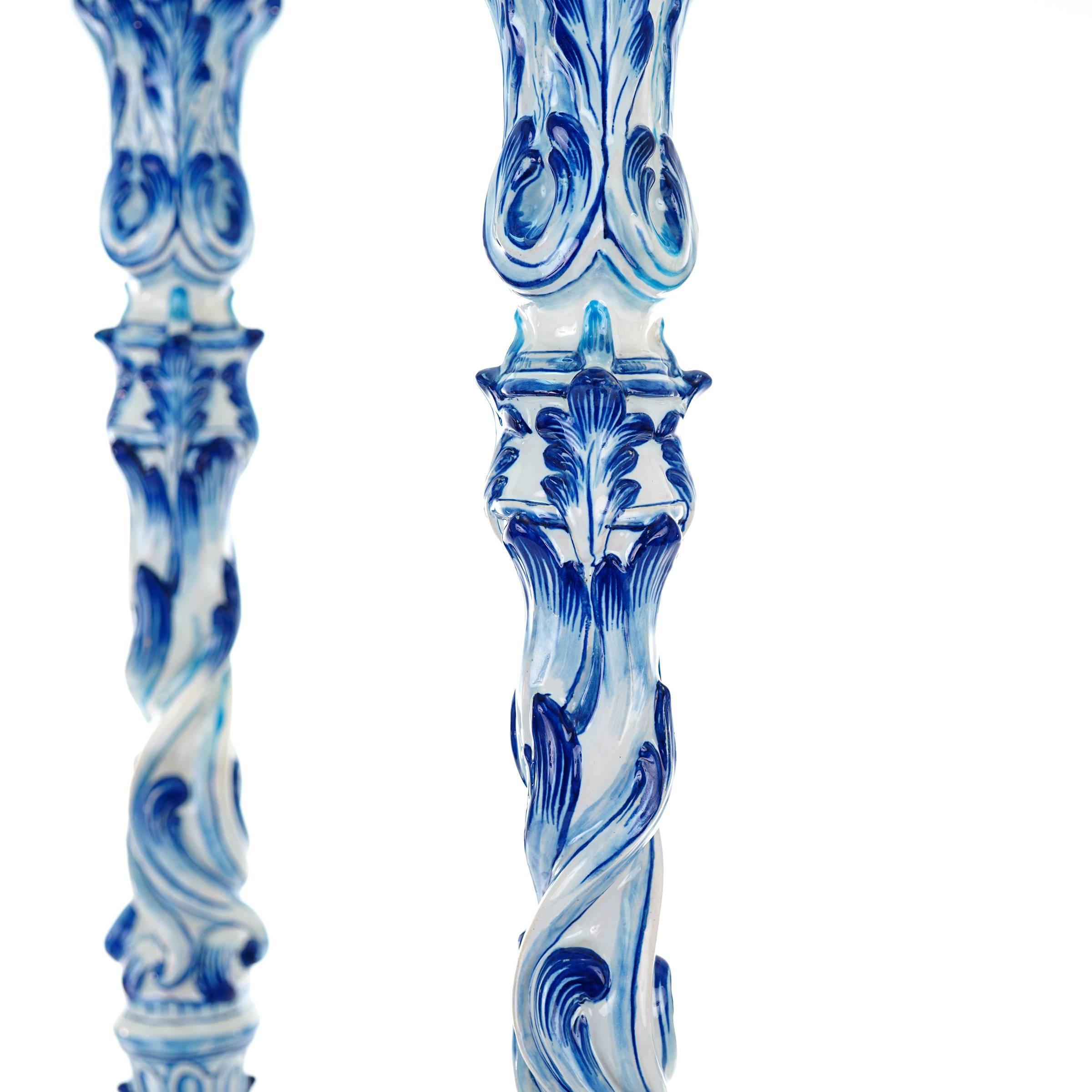 Spectacular 28 inch Tall Pair of Blue Faience Candlesticks c1913 France 3
