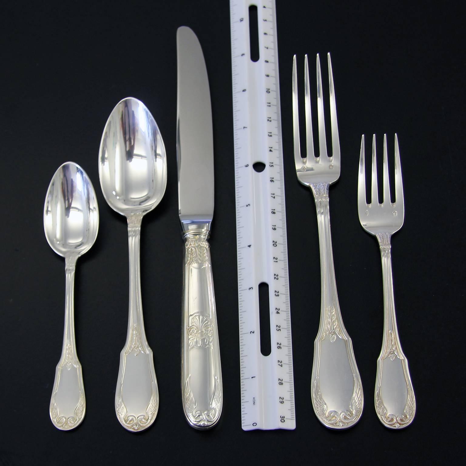French Elegant Sterling Flatware Set for 6 by Ercuis of Paris in Empire Pattern