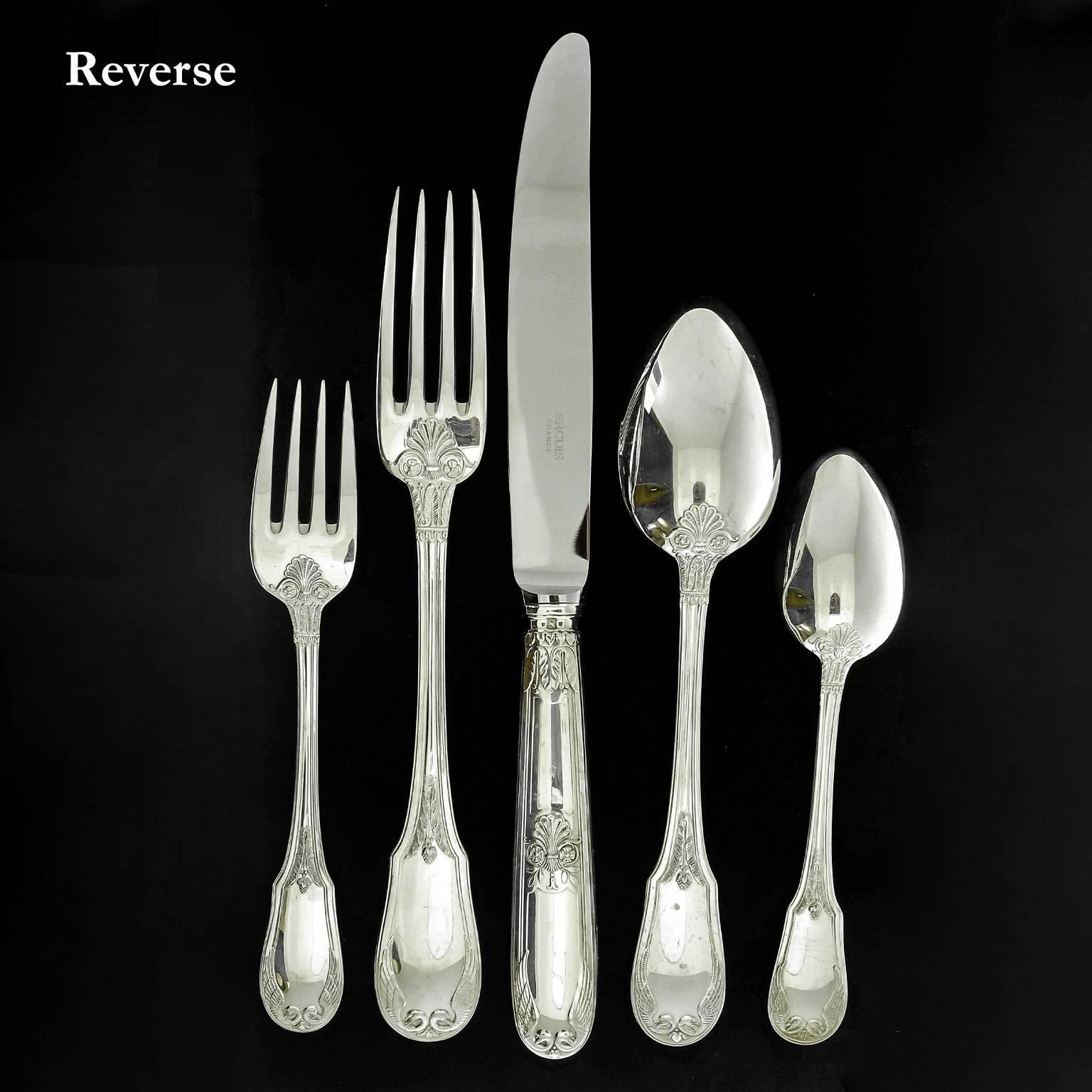 Mid-20th Century Elegant Sterling Flatware Set for 6 by Ercuis of Paris in Empire Pattern