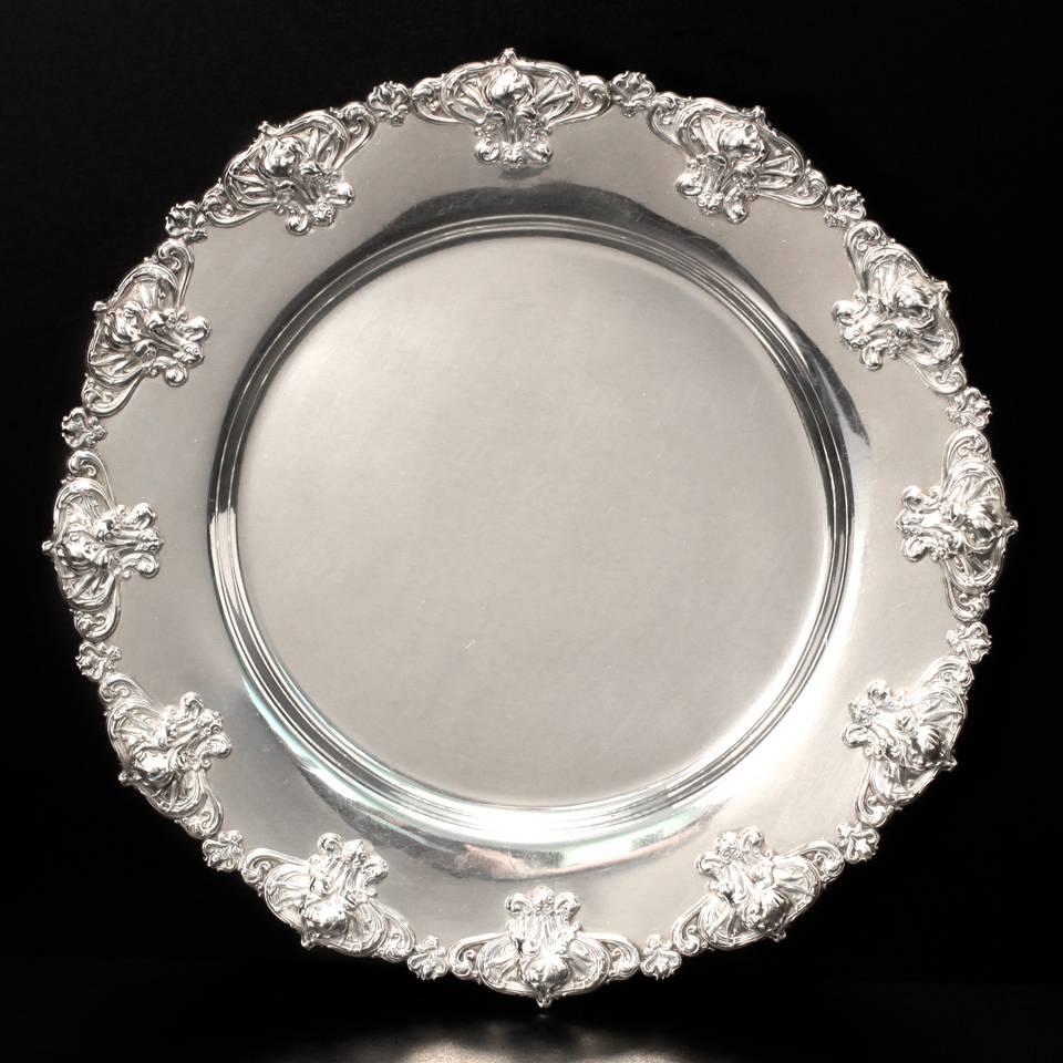 12 Sterling Art Nouveau Service Plates Iris Pattern by Whiting In Excellent Condition In Litchfield, CT