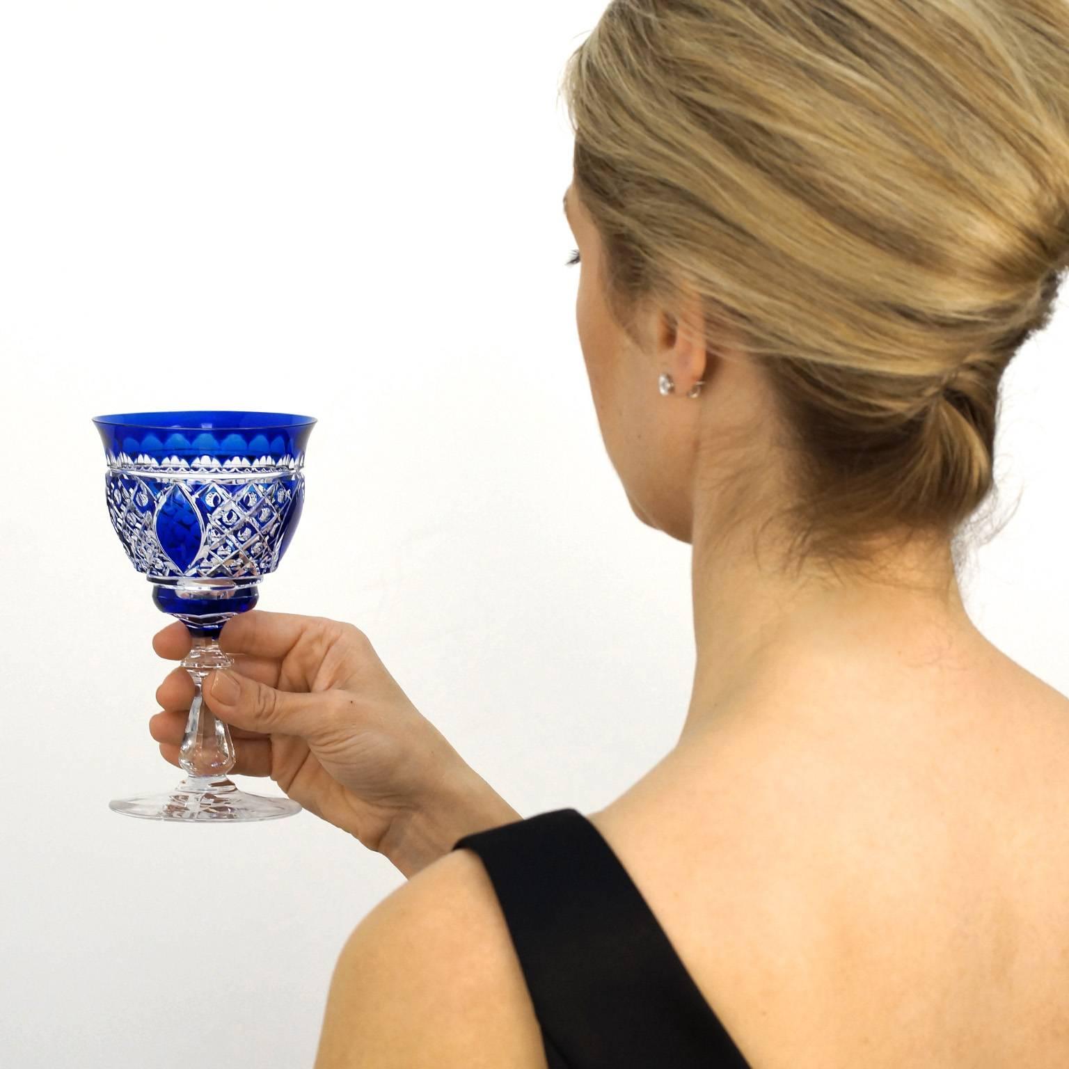 Crystal 18 Val St. Lambert Cobalt Blue Water Goblets, Stemware