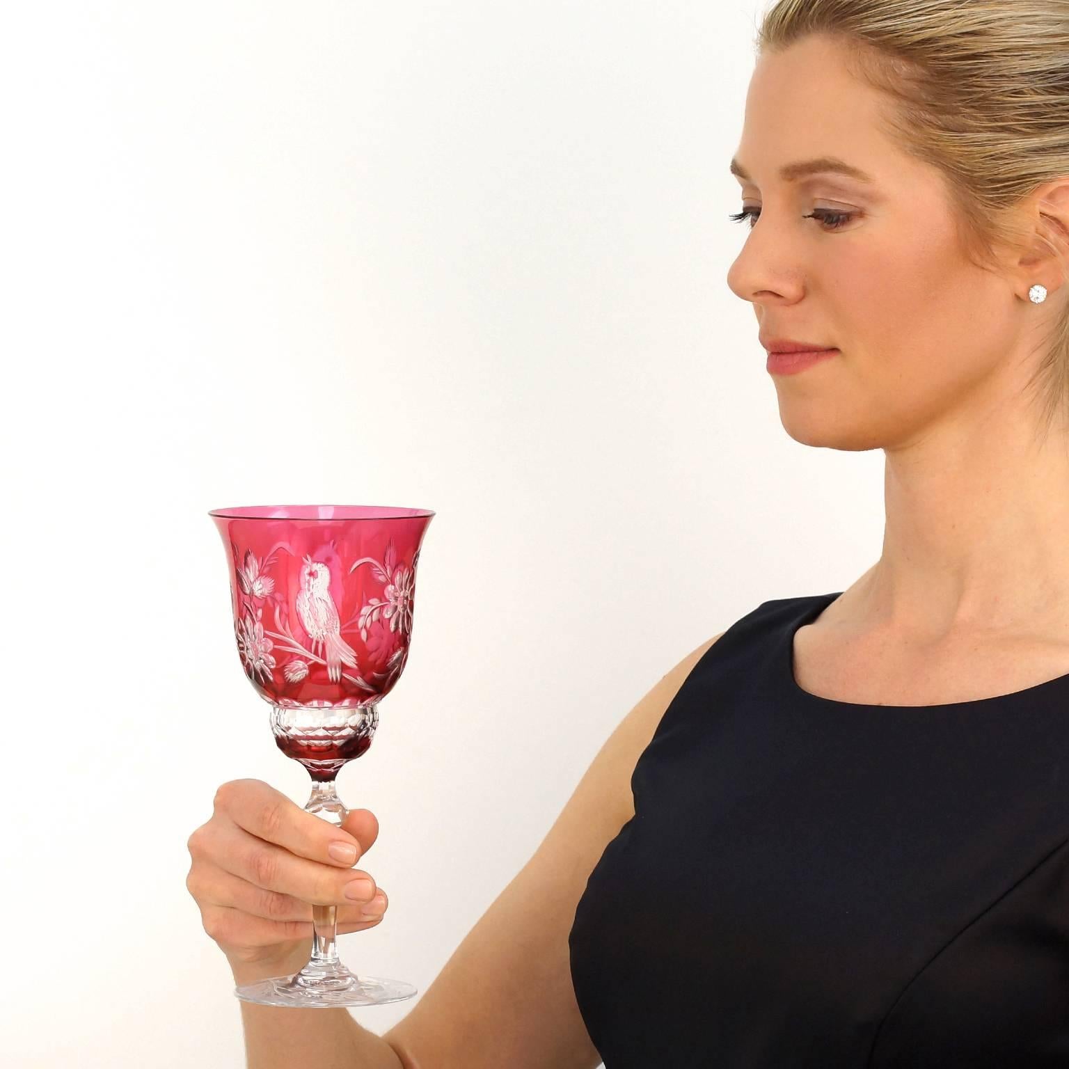 Belgian Val St. Lambert Bird Pattern Water Goblets in Cranberry