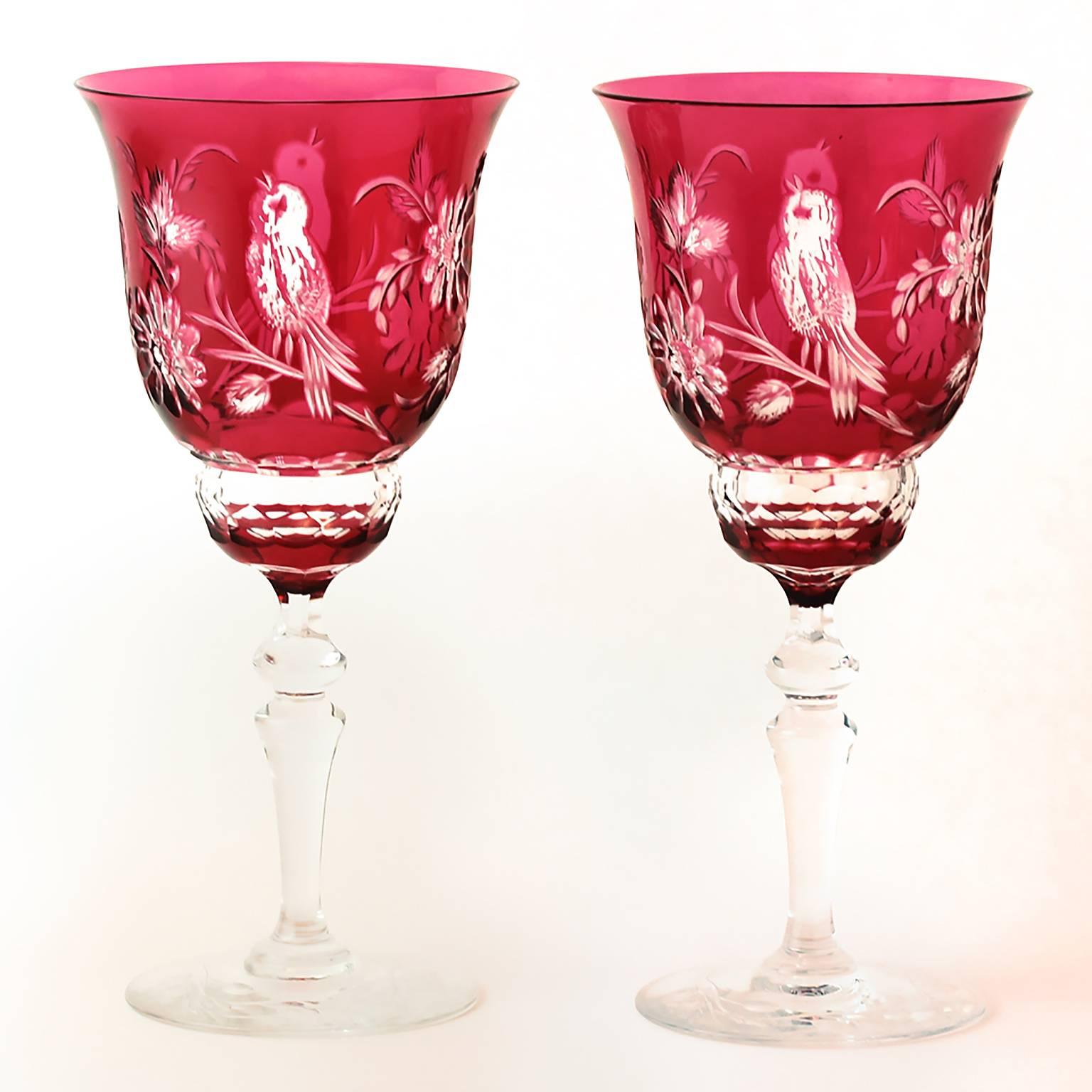 Early 20th Century Val St. Lambert Bird Pattern Water Goblets in Cranberry