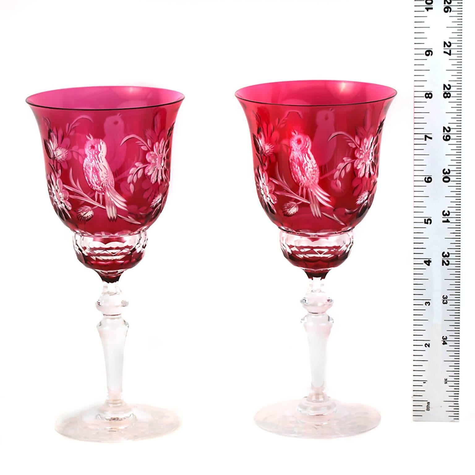 Val St. Lambert Bird Pattern Water Goblets in Cranberry 2